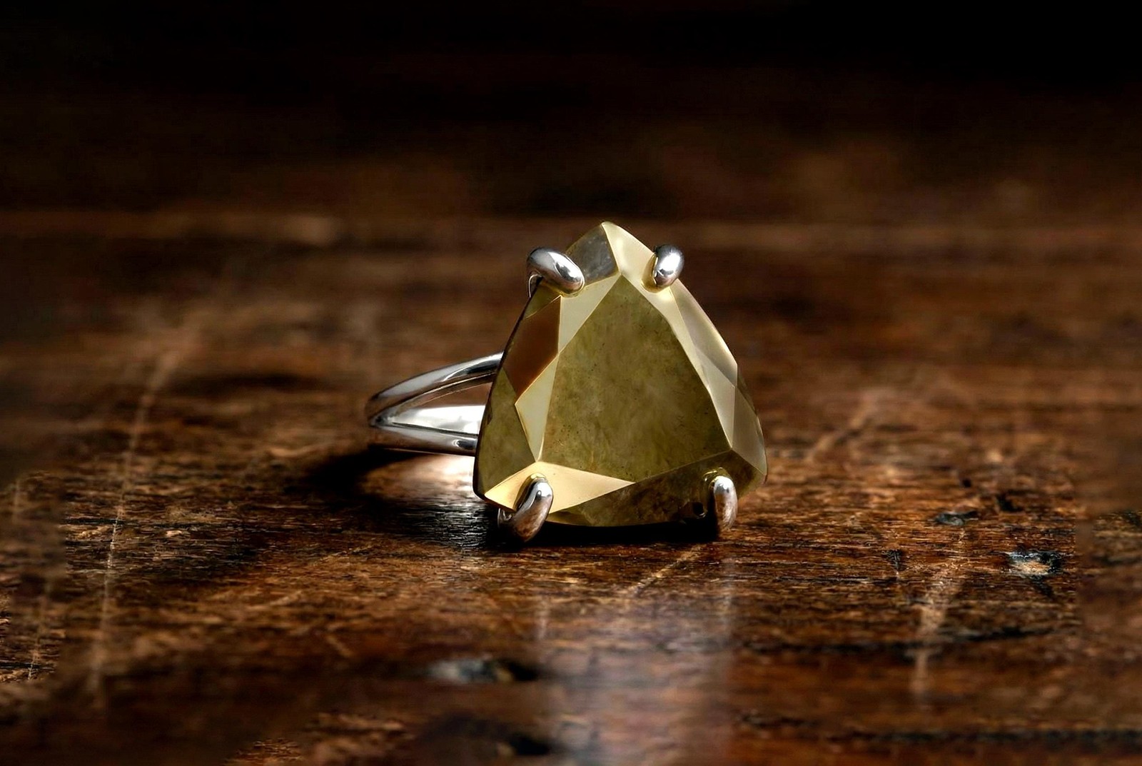 Pyrite Ring Anemone Jewelry 925 Silver Large Trillion Cut Stone Gift