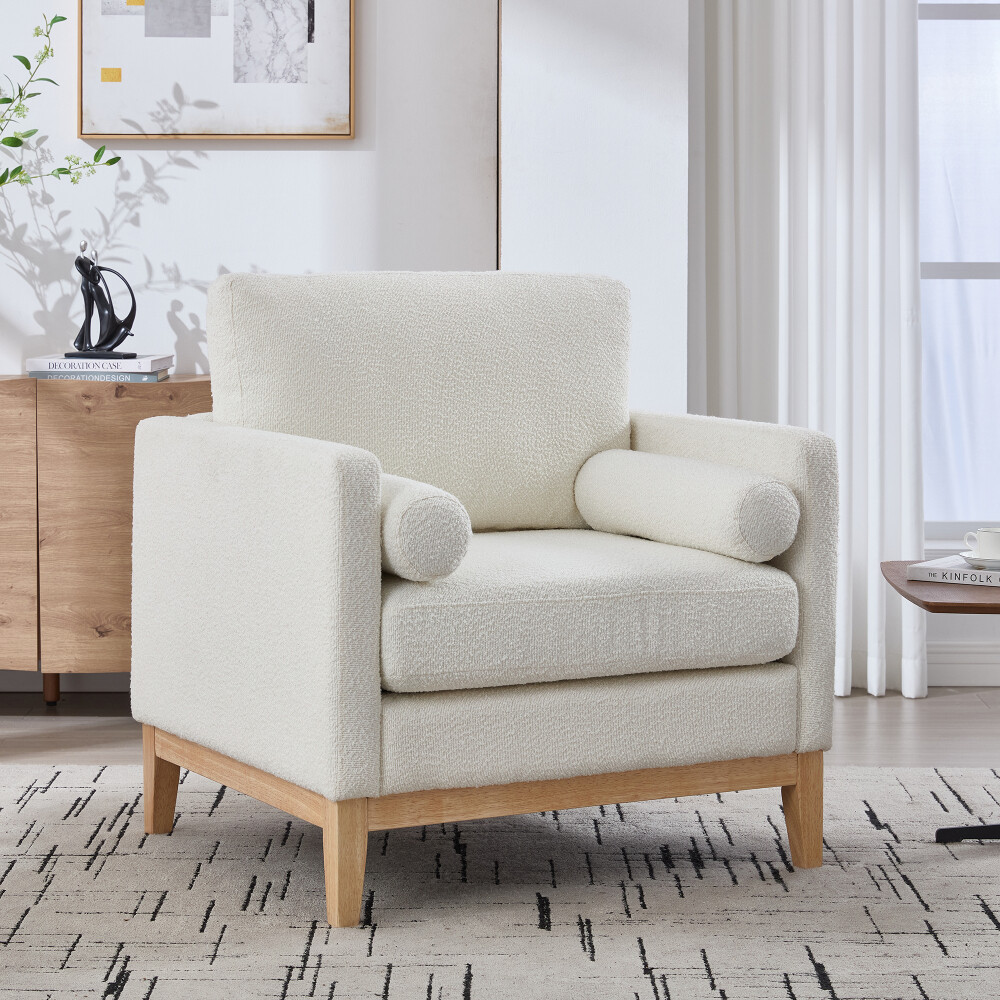 35.4" Modern Farmhouse Accent Chair - Boucle Upholstery & Natural Wood Legs