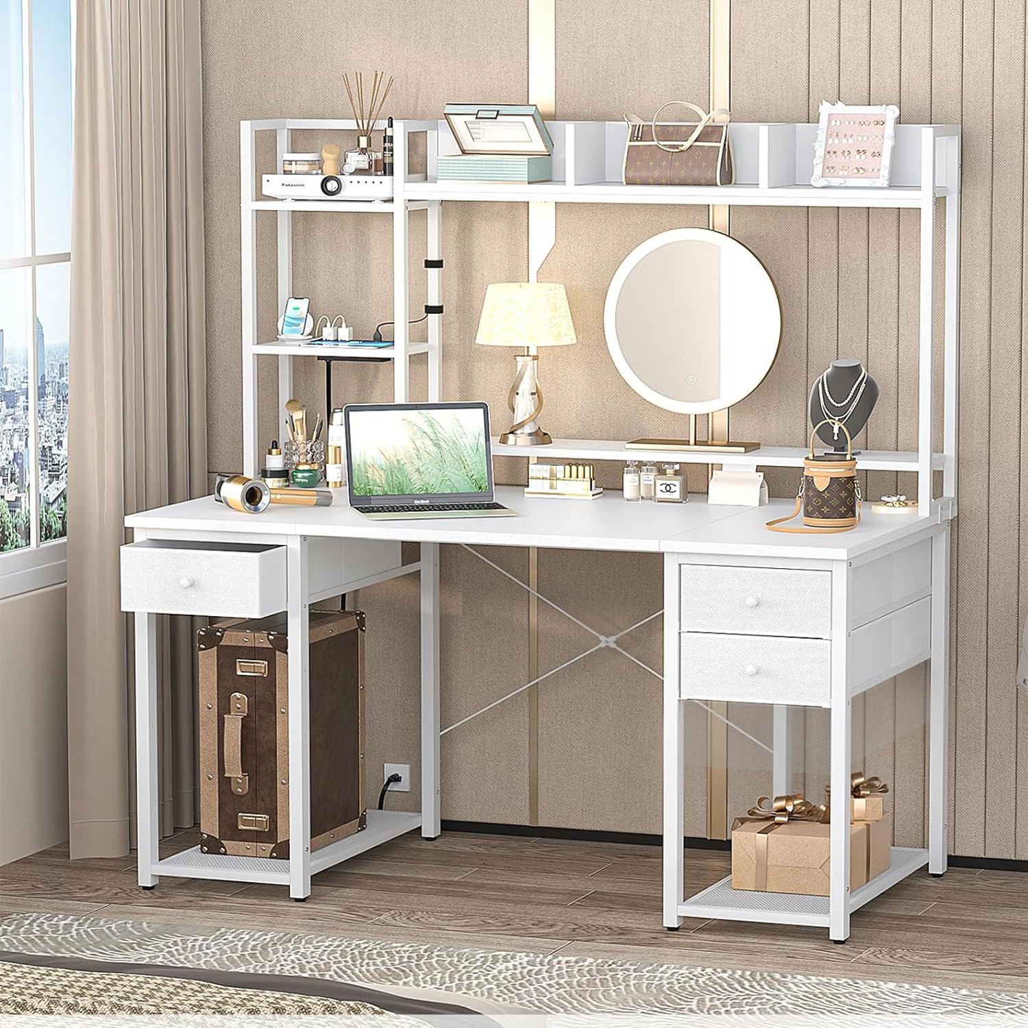 47'' Home Office Desk with Drawers ＆ Hutch, Gaming Desk with LED ＆ Power Outlets