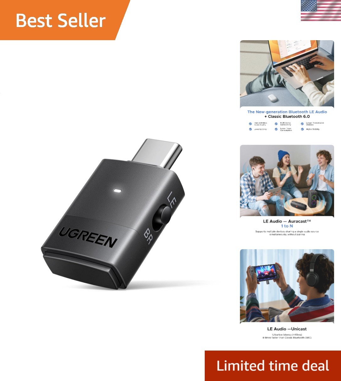 USB-C Bluetooth 6.0 Adapter for PS5 & PC - High-Quality Dual Pairing Audio