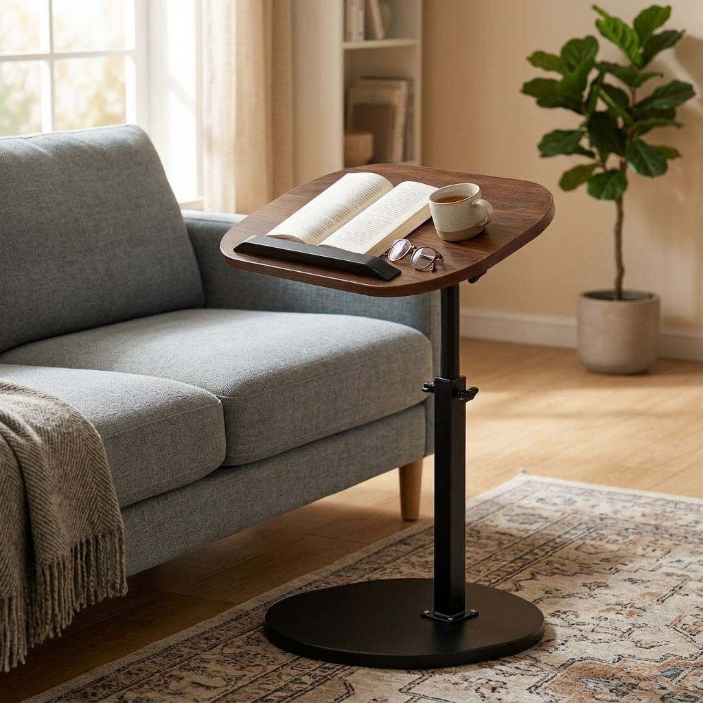 Walnut Height Adjustable Swivel Side Table, C-Shaped Sofa End Table