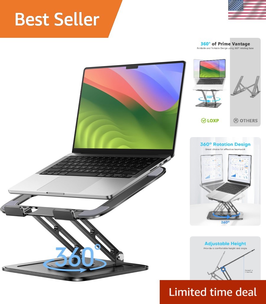 Ergonomic Adjustable Laptop Stand with 360-Degree Rotation – Black, Fits 10-16"