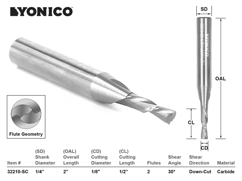 1/8" Dia. 2 Flute Downcut CNC Router Bit - 1/4" Shank - Yonico 32210-SC