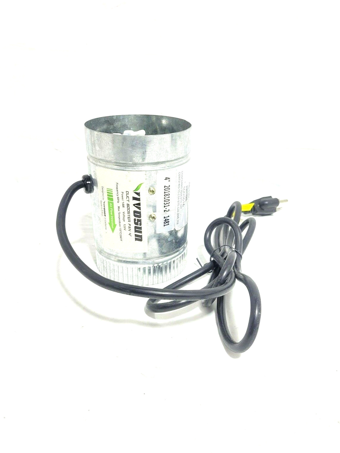 Vivosun Duct Booster Fan 4" Power 14W 120V 60Hz Silver