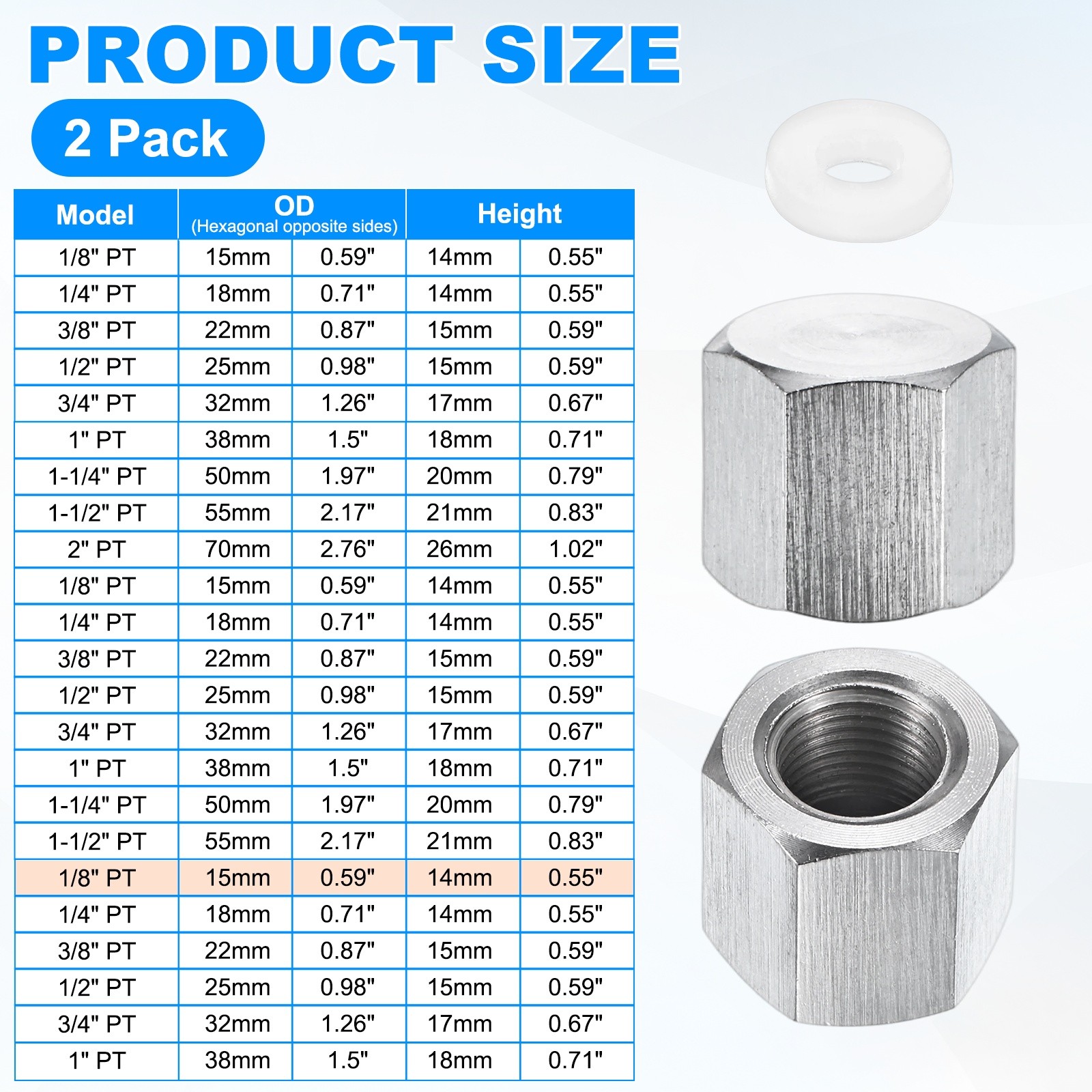 2-Pack Hex End Cap, 1/8 Inch PT Female Thread Pipe Fitting
