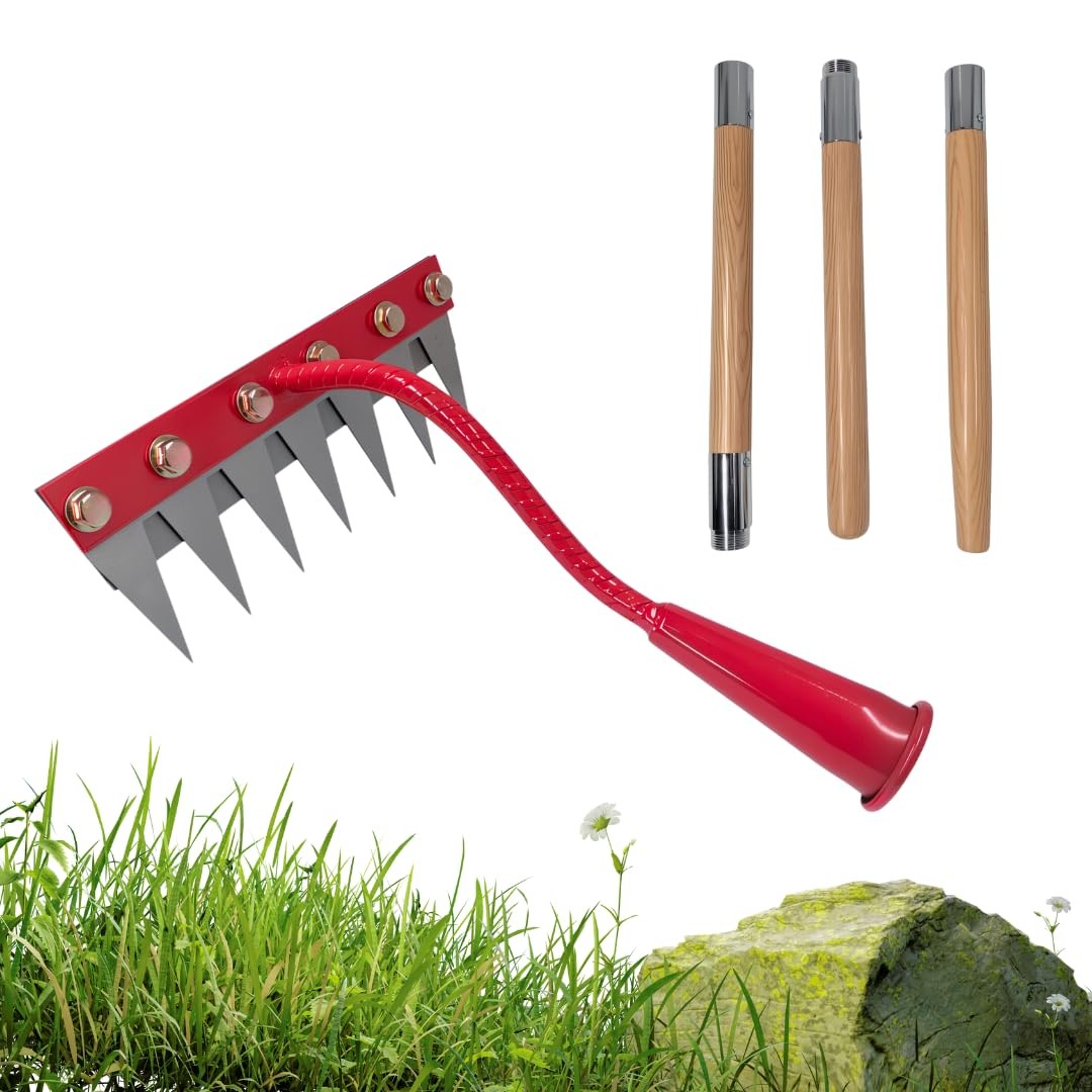 Red Upgrade 3.0 Weeding Rake | 7-Tine Carbon Steel Head & 3X Wood Handles | Q...