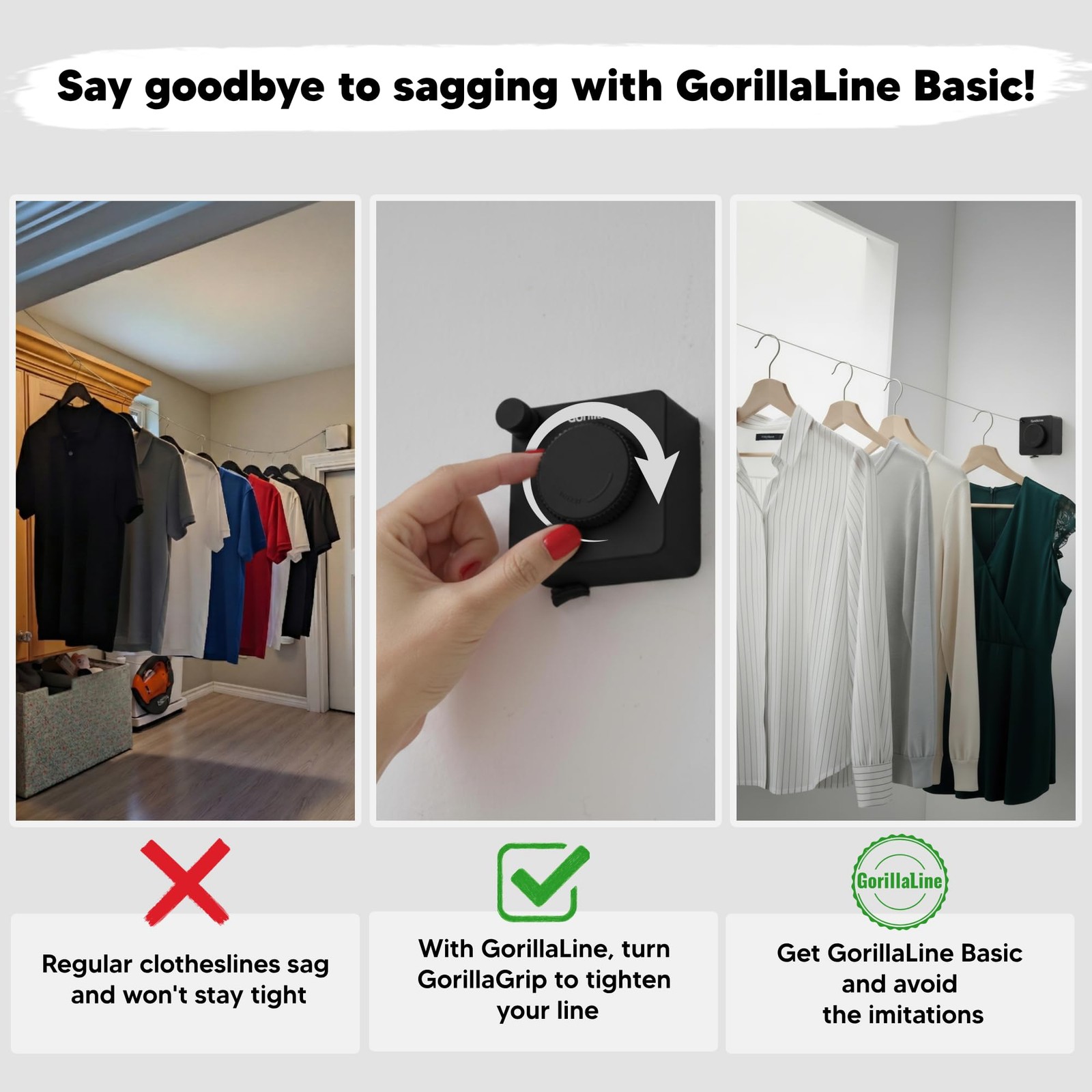 GorillaLine Basic - Retractable Clothesline Indoor Outdoor Clothes Line - Non-Sa
