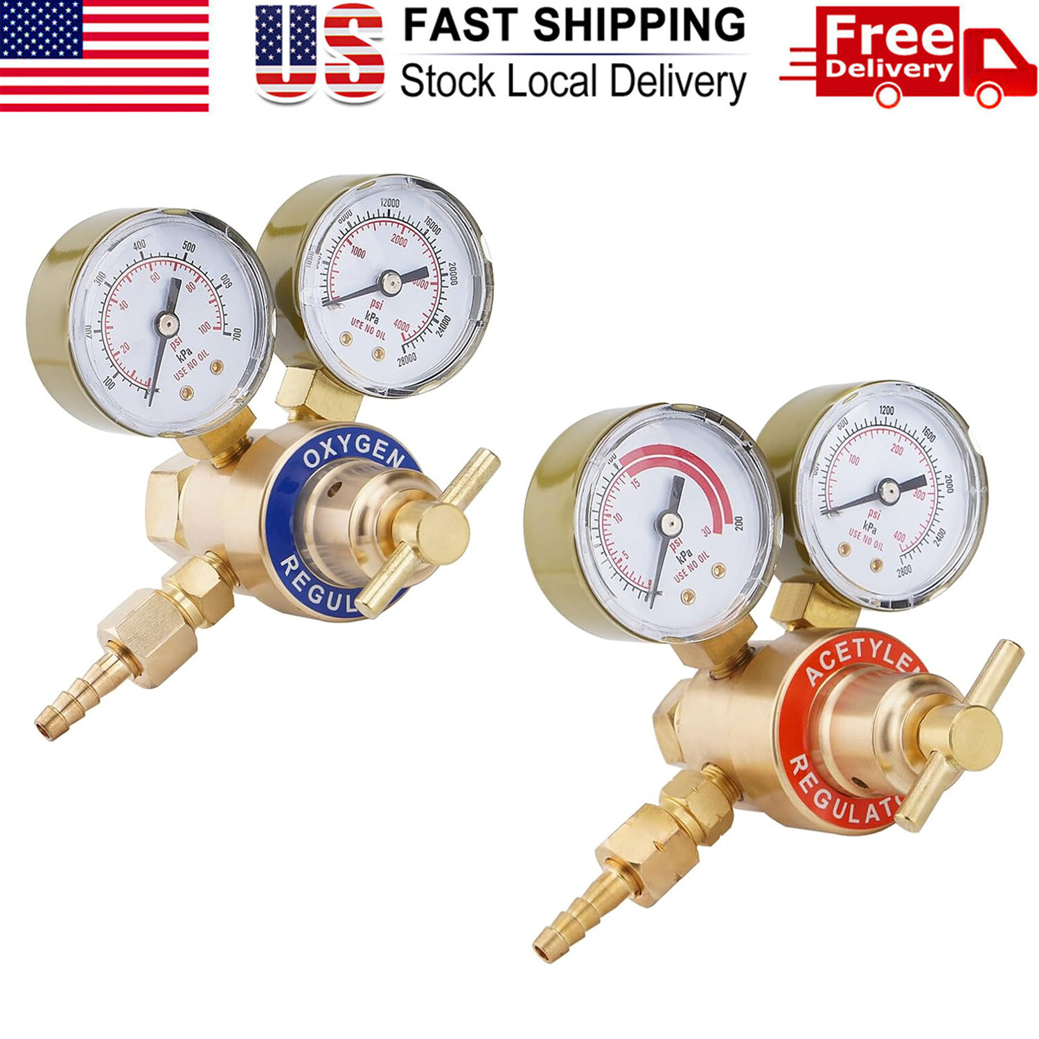 Oxygen and Acetylene Regulators Set with Dual Gauge, CGA200 CGA540 Fitting Inlet
