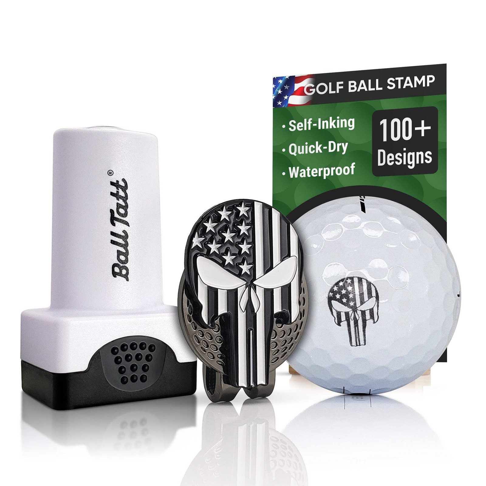 Ball Tatt - USA Punisher Golf Ball Stamp Self-Inking w/ Hat Clip and Ball Marker