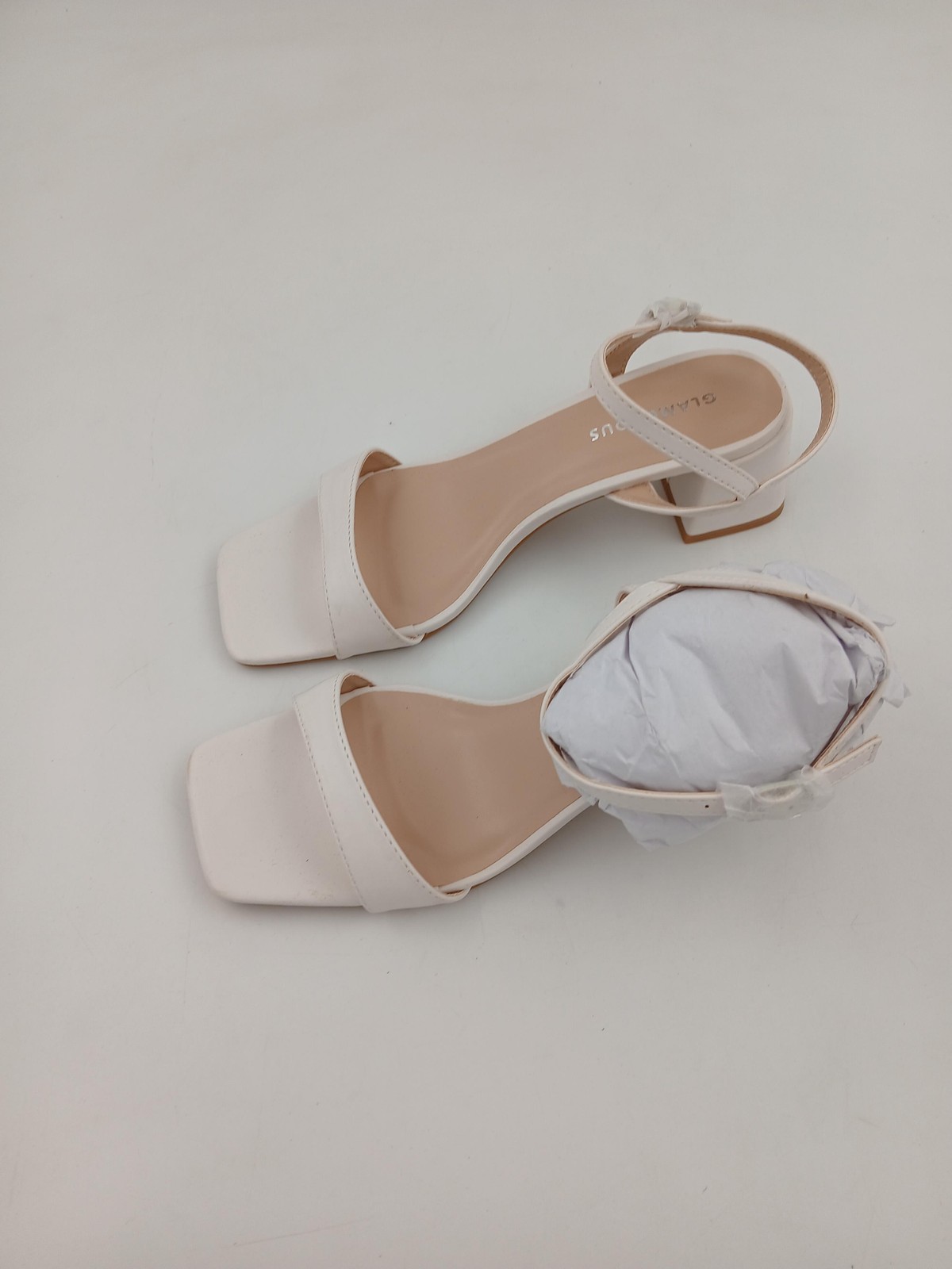 Glamorous Shoes Womens Size 7 White Block Heel Sandals Strappy Square Toe Dressy