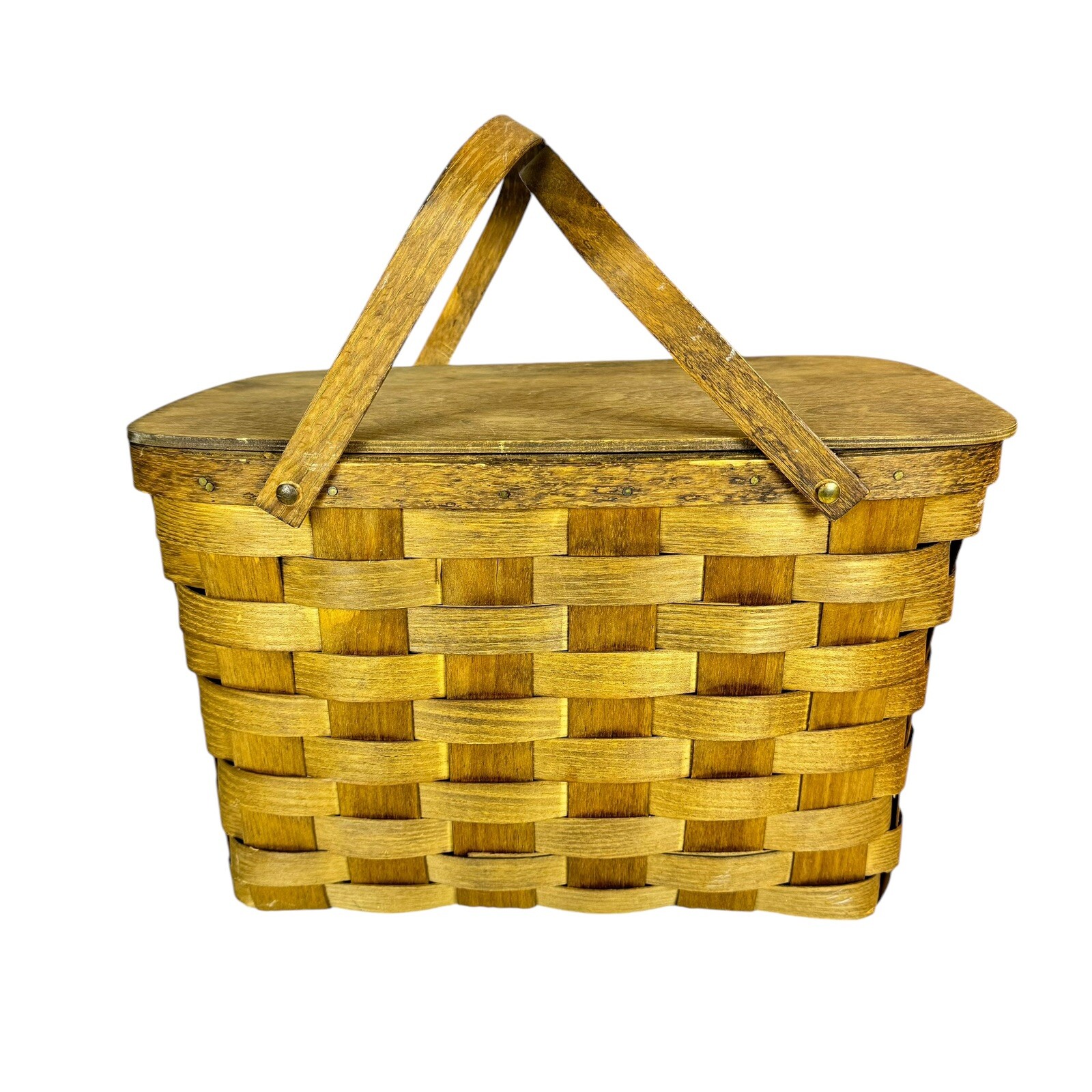 Vintage Woven Wood Picnic Basket Hinge Top Double Handles 17” X 12” X 12”
