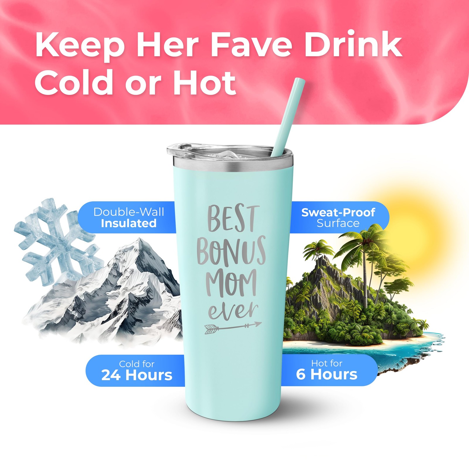 Best Bonus Mom Ever Tumbler 22 Ounce Engraved Mint Stainless Steel Gift Boxed