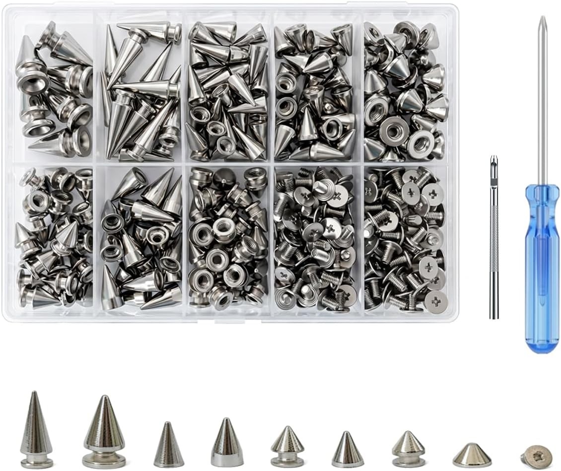 Metal Spikes and Studs Kit, 354 Sets, 8 Sizes for Punk DIY Craft