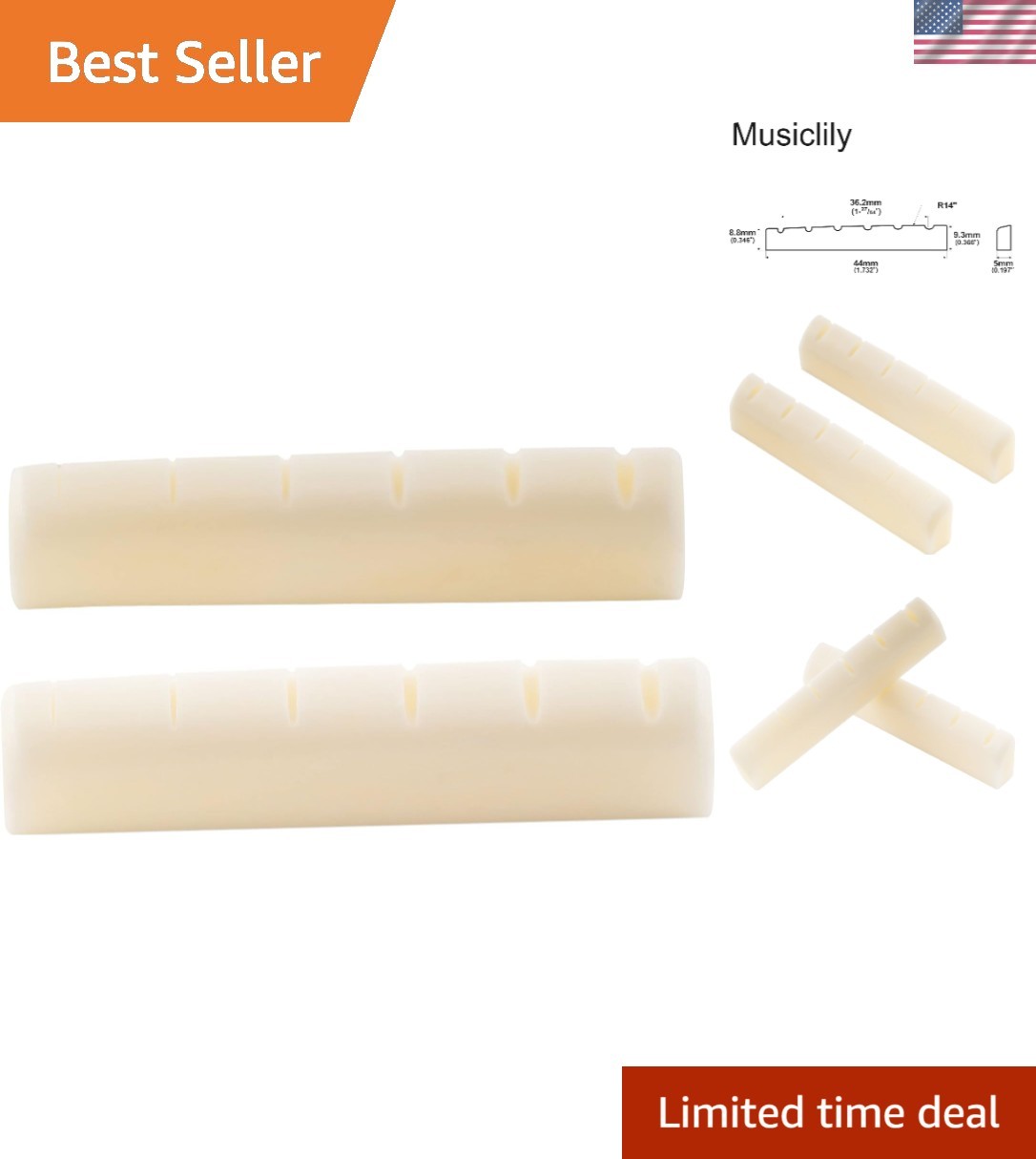 New Bone Nut for Les Paul Guitar - Flat Bottom, 44mm, Bleached White, 2 Pieces