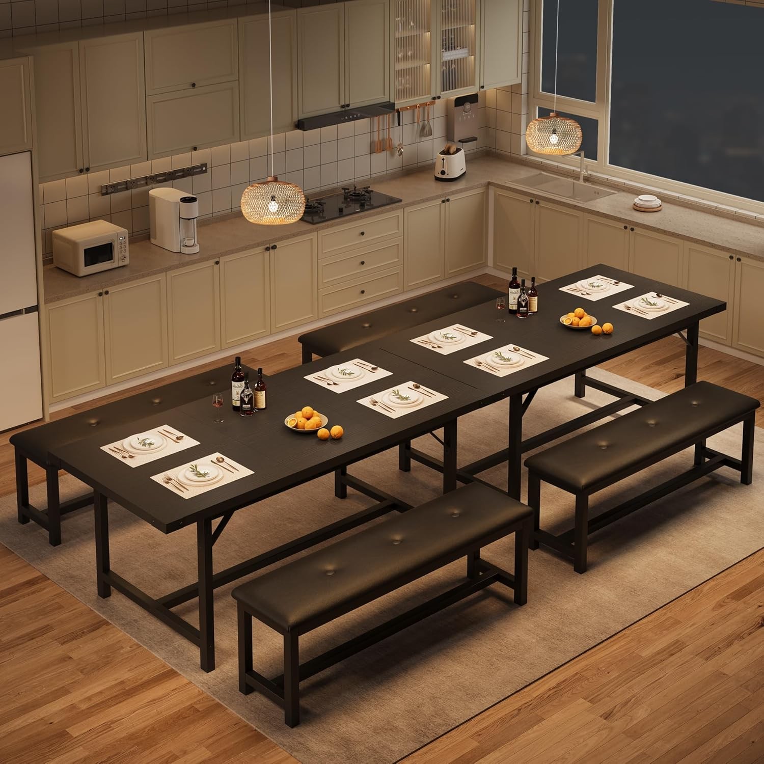 3PCS 63" Extendable Dining Table Set for 4-6 People Kitchen Table Set 2 Benches