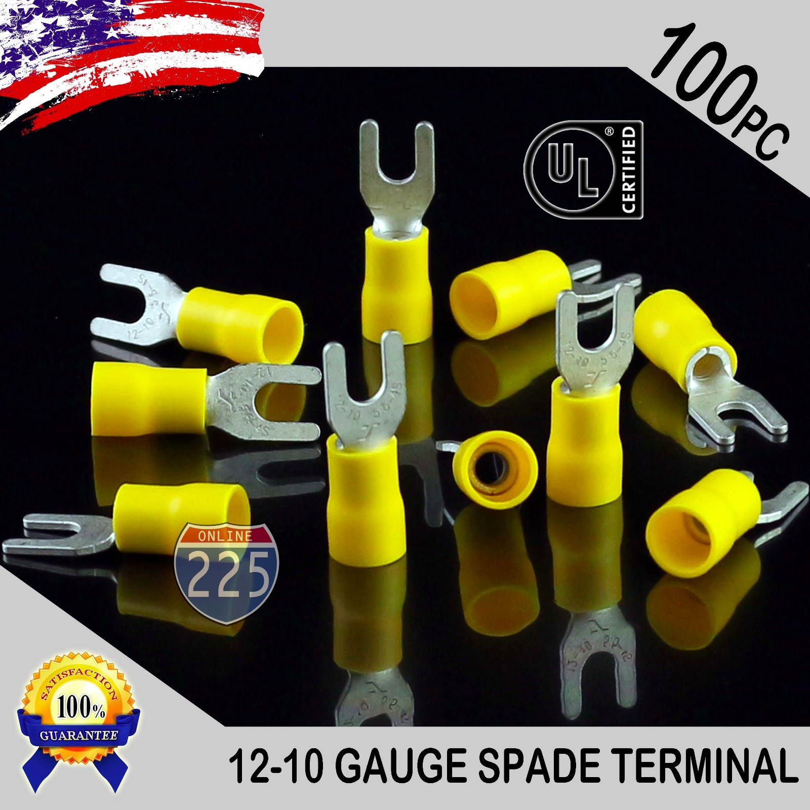 100 Pack 12-10 Gauge Vinyl Spade Fork Crimp Terminals #8 Stud Tin Copper Core UL