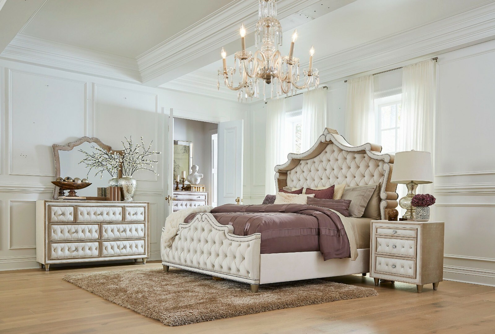 MAJESTIC 4 PC IVORY & CAMEL VELVET KING BED NS DRESSER BEDROOM FURNITURE SET