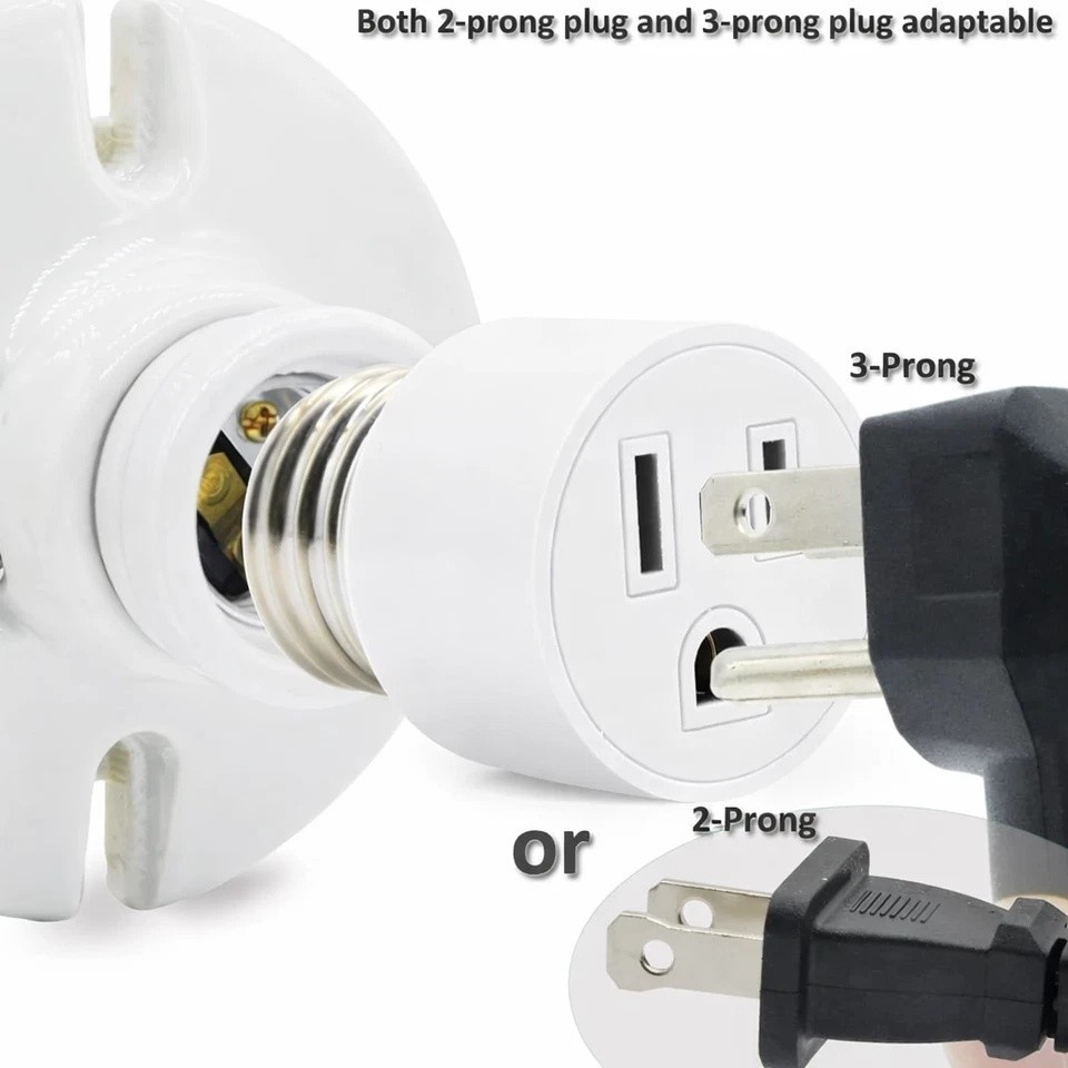 E26/E27 Light Socket to Plug Adapter 2/3 Prong Light Bulb Outlet Adapter 1 Pcs