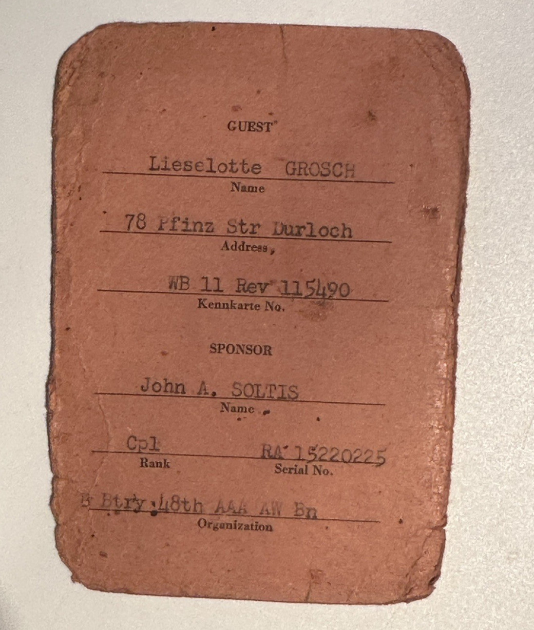 WWII Germany Gerszewski Barracks Karlsruhe Visitor Pass (2H)