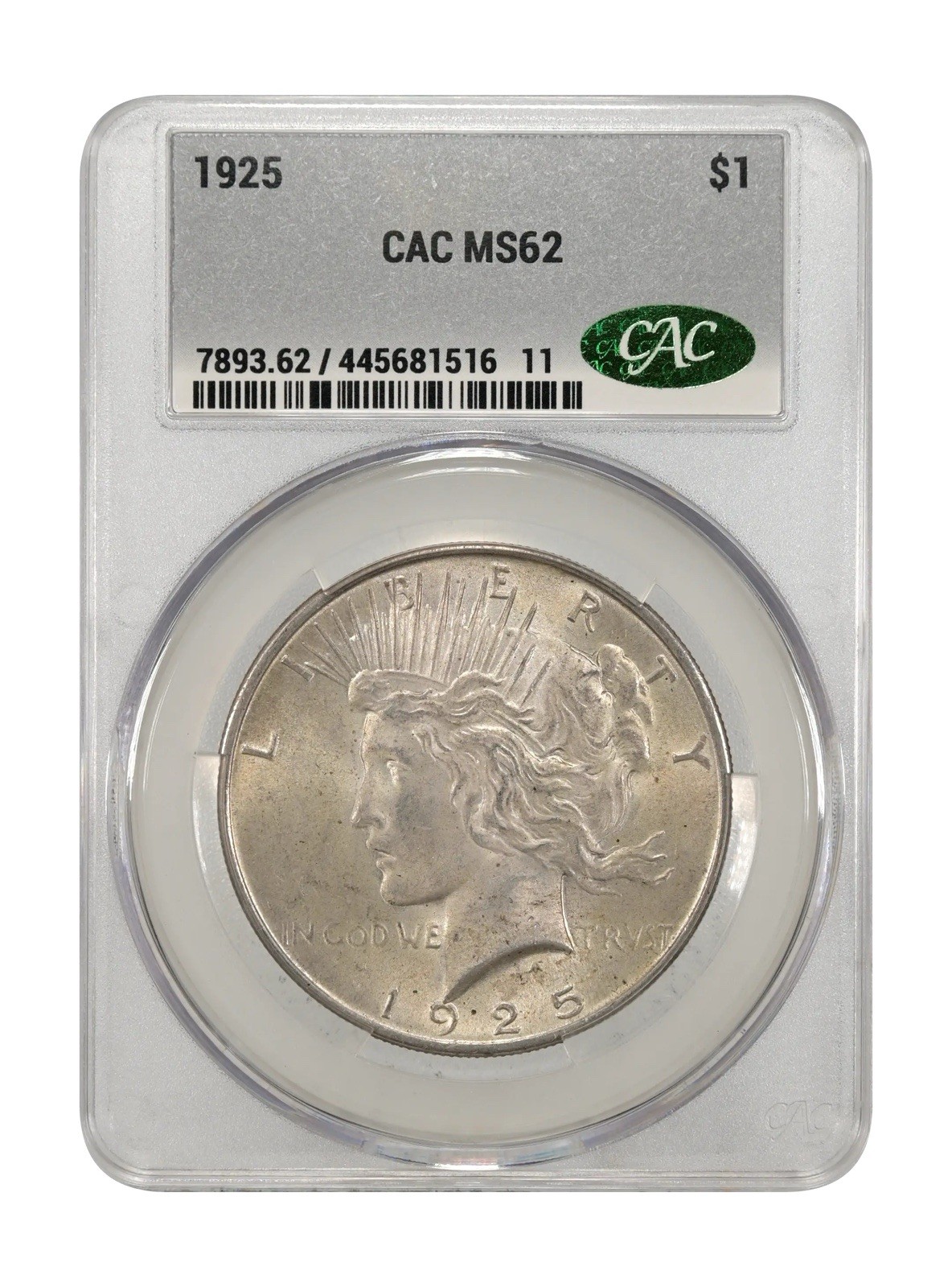 1925 $1 CAC  MS 62 Green Bean Peace Silver Dollar Problem Free Holder