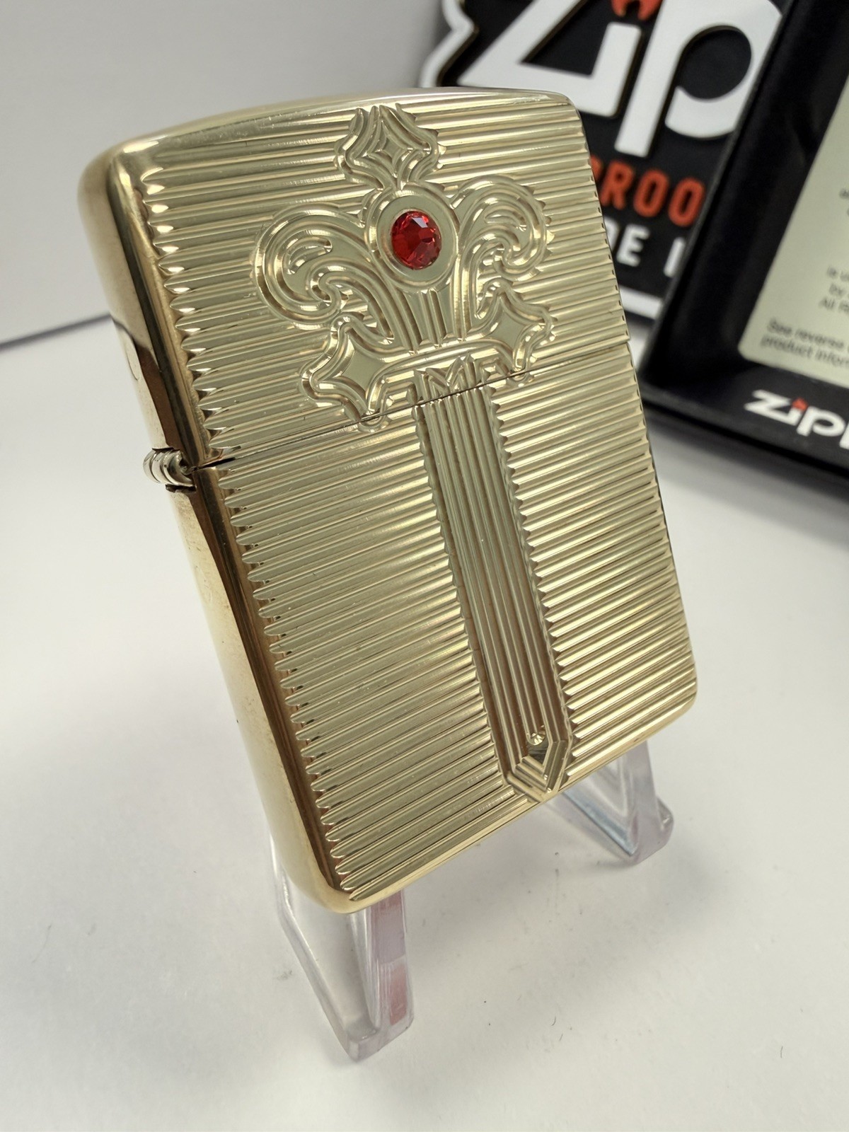 Zippo ARMOR Lighter ROYAL SABER RED CRYSTAL Deep Carve Polished Brass NEW BOXED