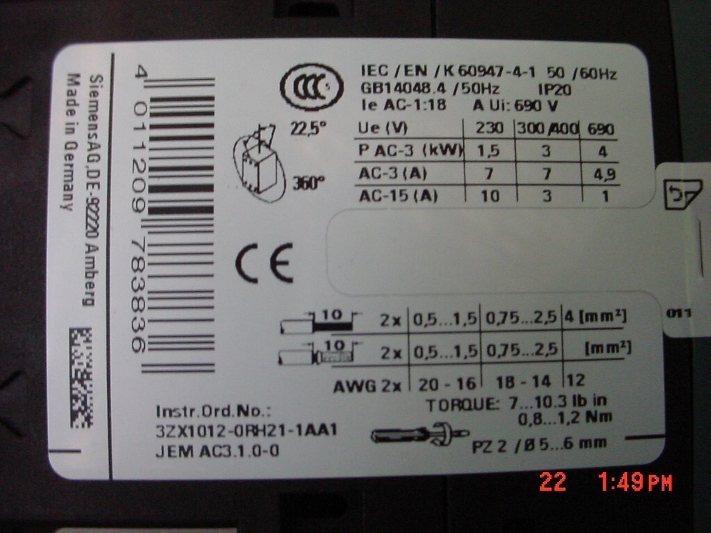 SIEMENS Contactor 3RT2015-1AB01 New in Box