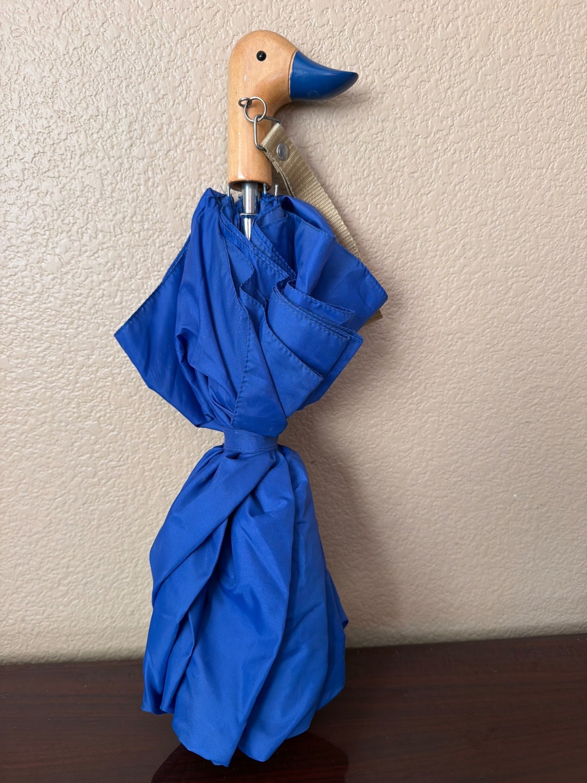 Duck Handle Folding Umbrella Blue Canopy Wooden Handle Novelty Compact Umbrella