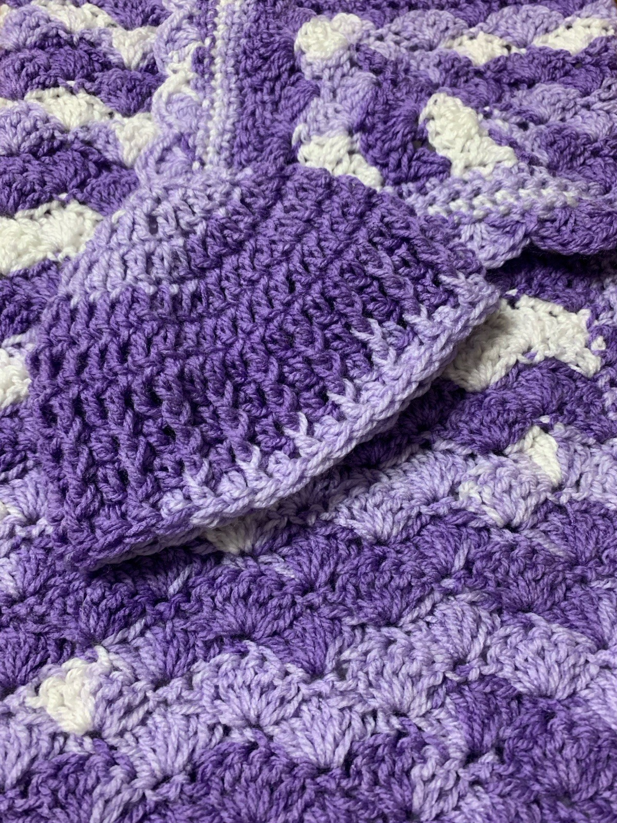 Handmade Crocheted Baby Blanket & Hat - Purple & White Shells