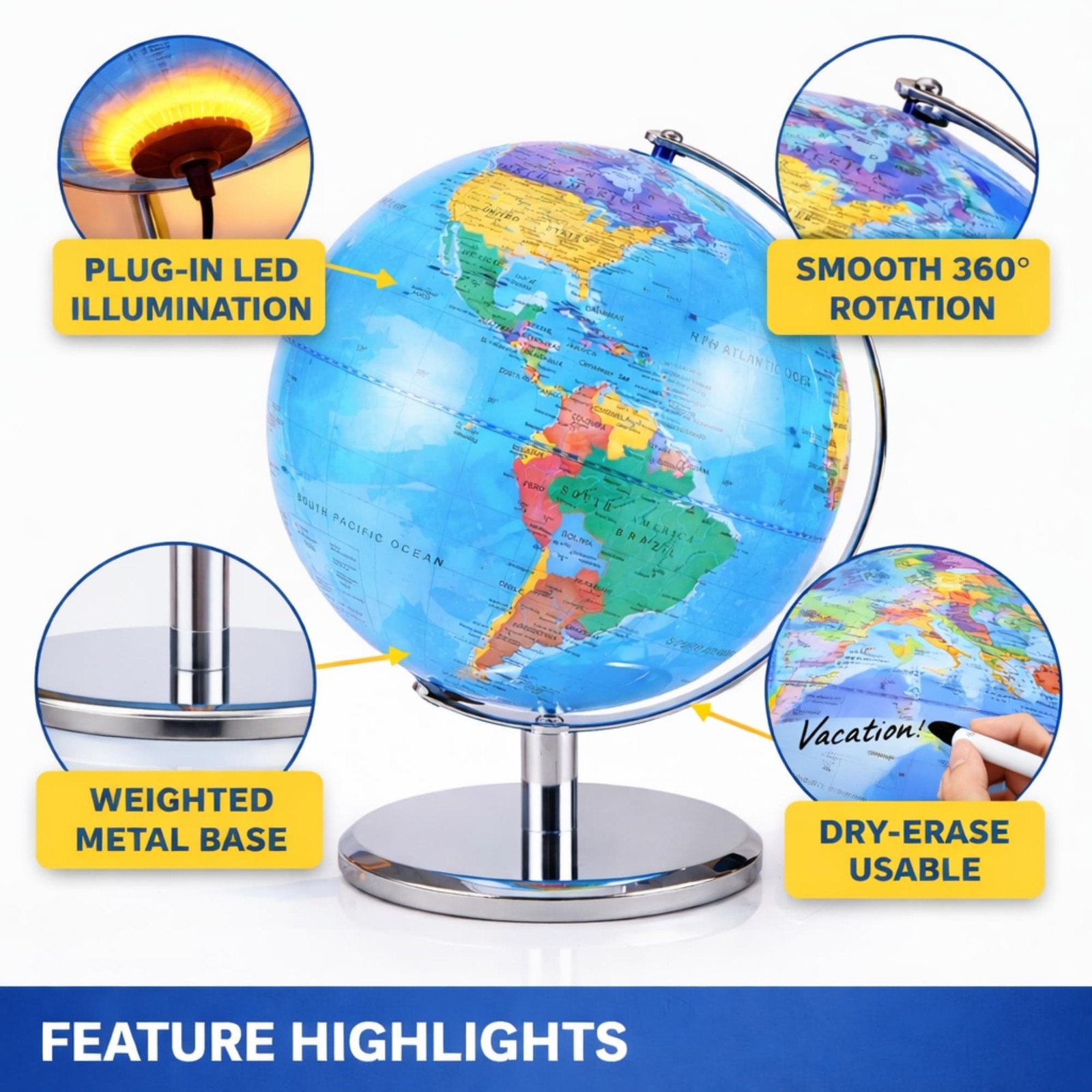 LED Illuminated World Globe with Chrome Rotating Stand – Desk Display Globe w...