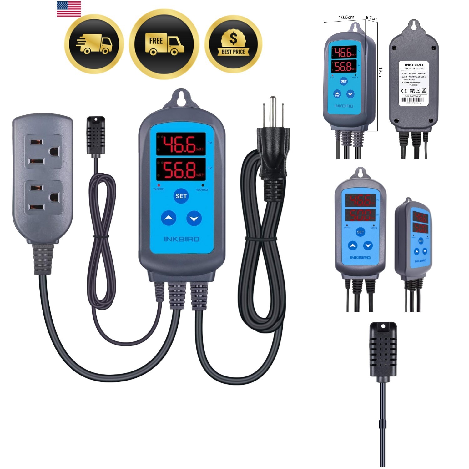 Humidity Controller Humidistat Mushroom Greenhouse Pre Wired Outlet Dual Stag...
