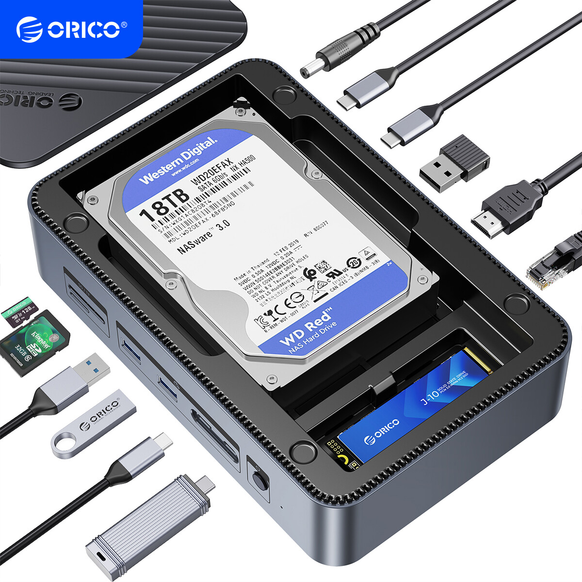 ORICO 12 in1 USB C Docking Station 2 Hard Drive Case 10Gbps M.2 NVMe/SATA SSD US