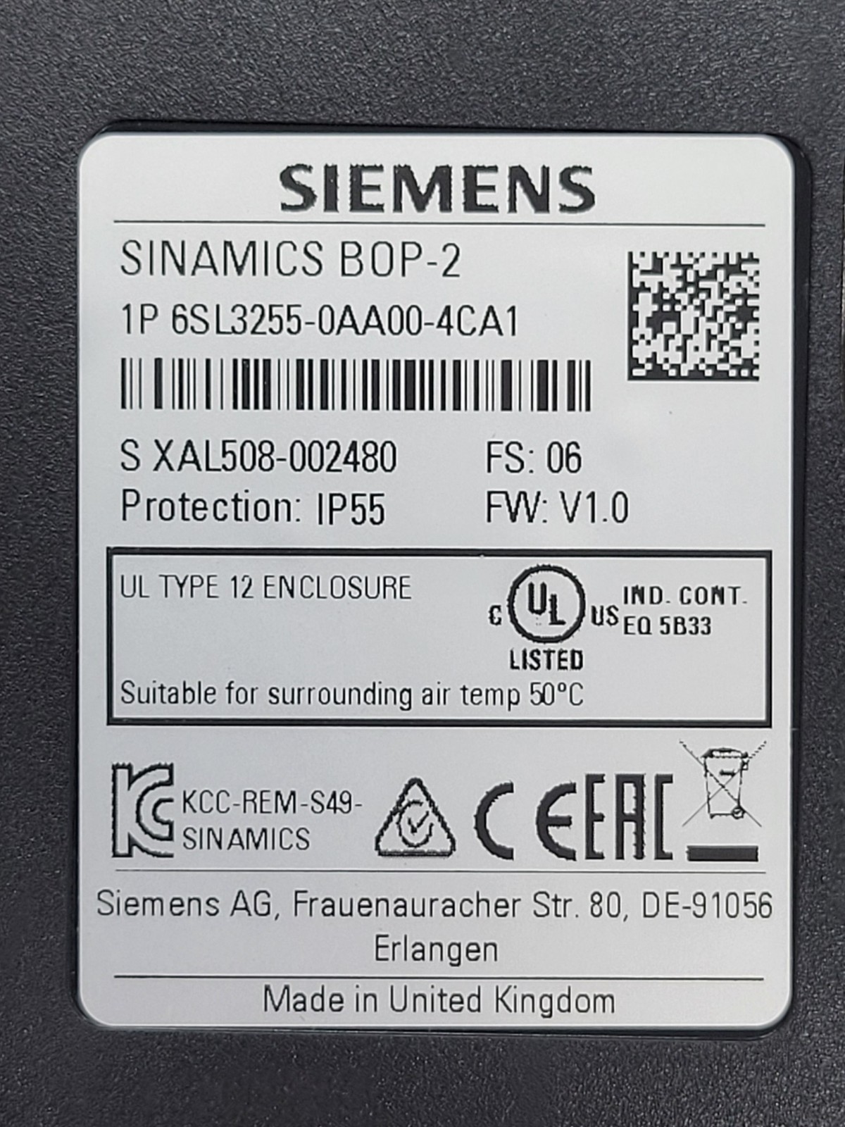 Siemens 6SL3255-0AA00-C4A1 Sinamics-Bop-2 Basic Operator Panel Type 12