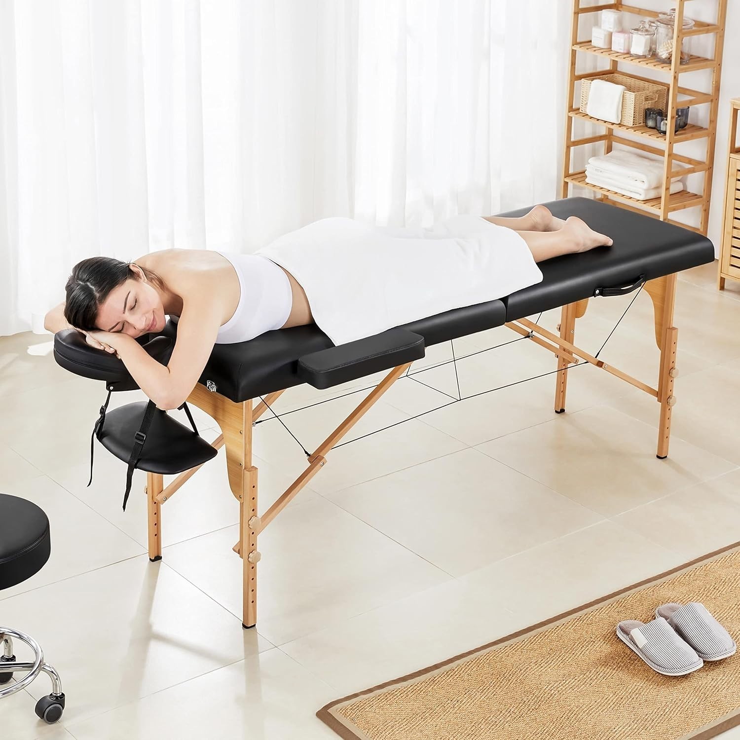 Luxury Black Folding Massage Couch - Adjustable Spa Bed with Headrest & Armrests