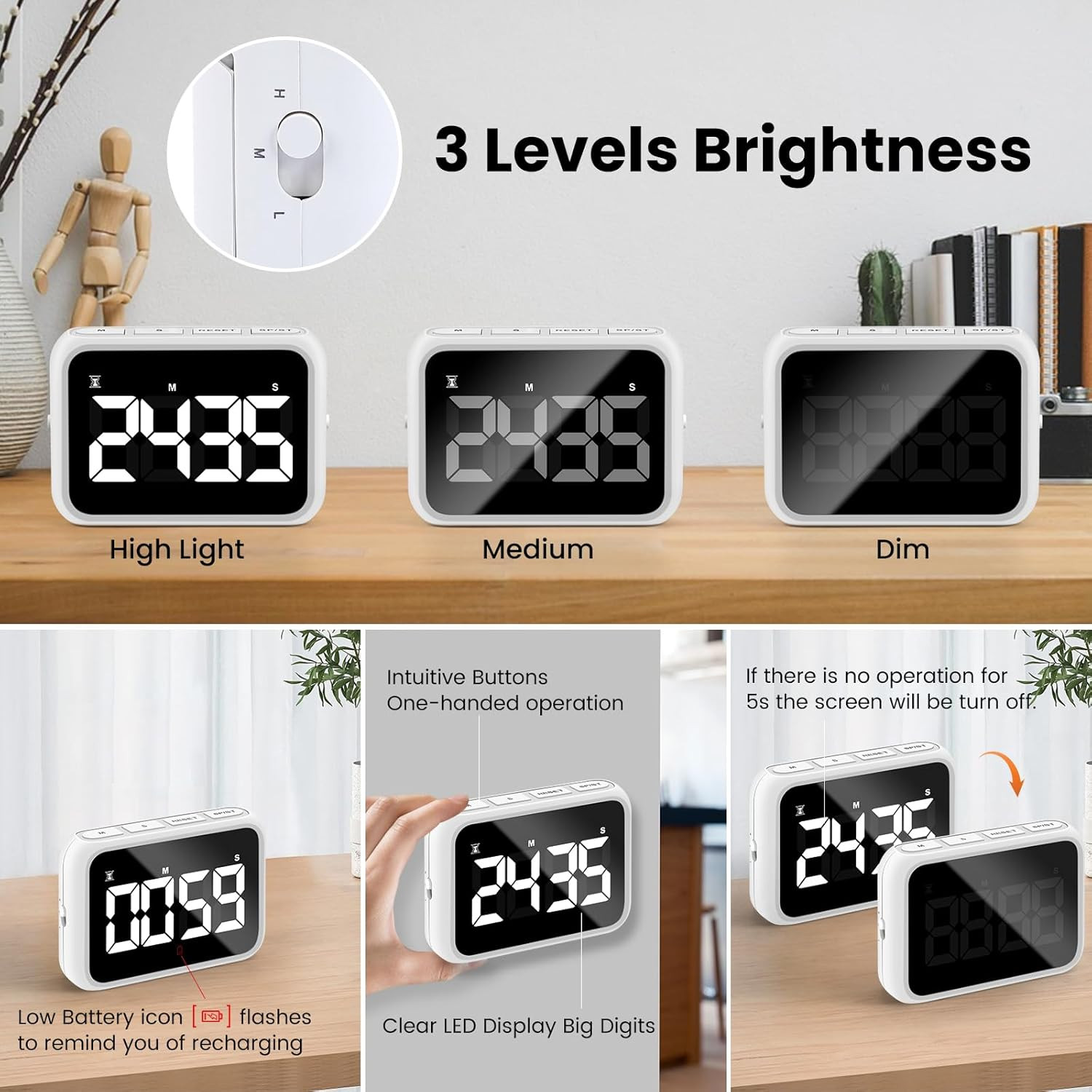 USB Rechargeable Loud Digital Kitchen Timer with Large LCD Display & Adjustab...