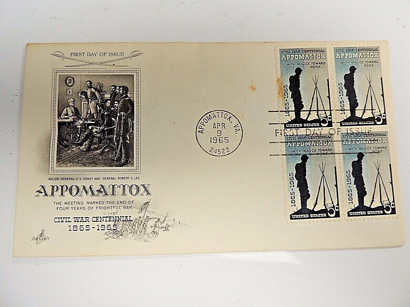April 9th, 1965 "Appomattox" Civil War Centennial First Day Issue Plate Block