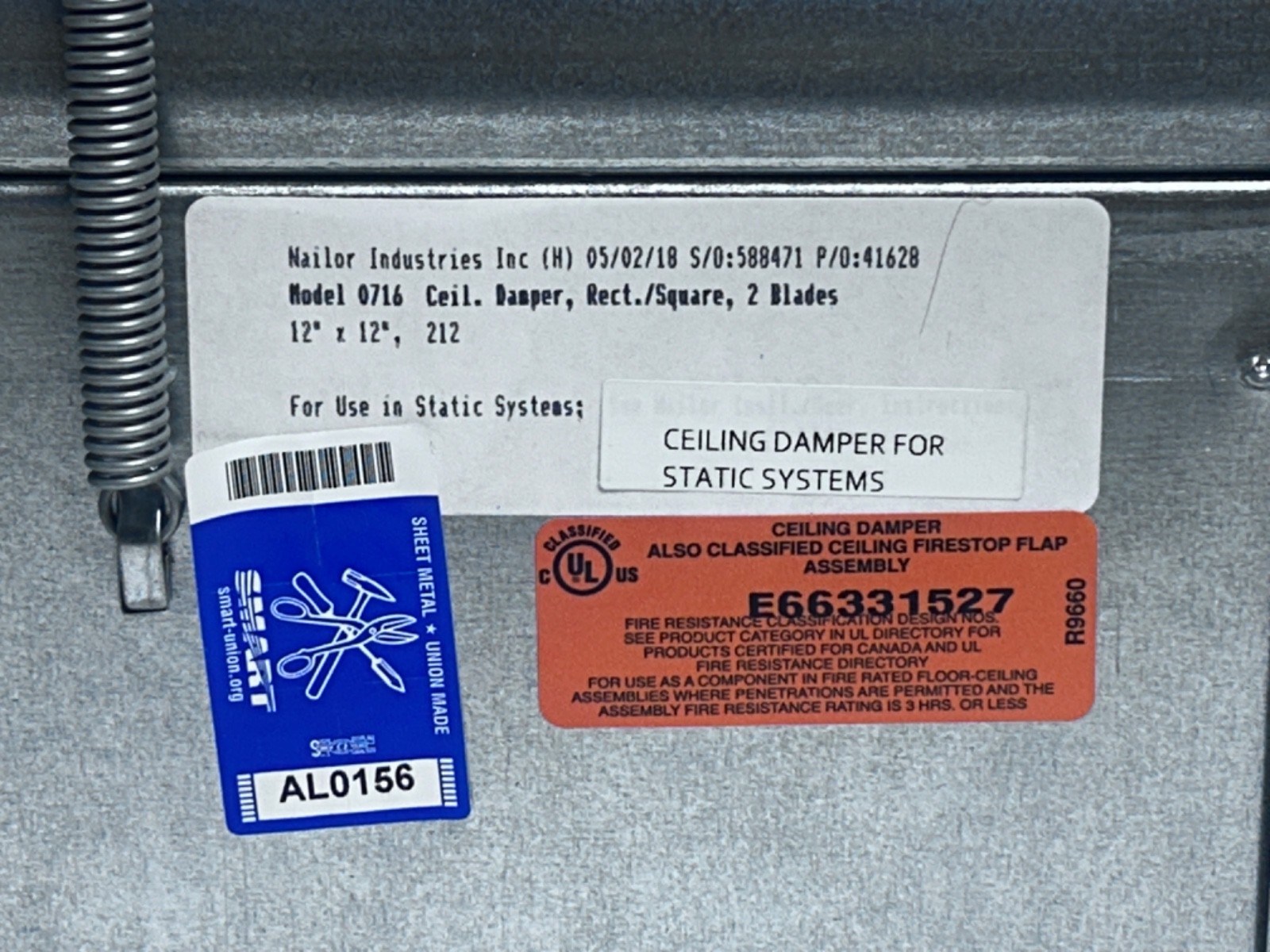 (2) Nailer Ceiling Radiation Fire Damper 12" x 12" for Static Systems Model 0716