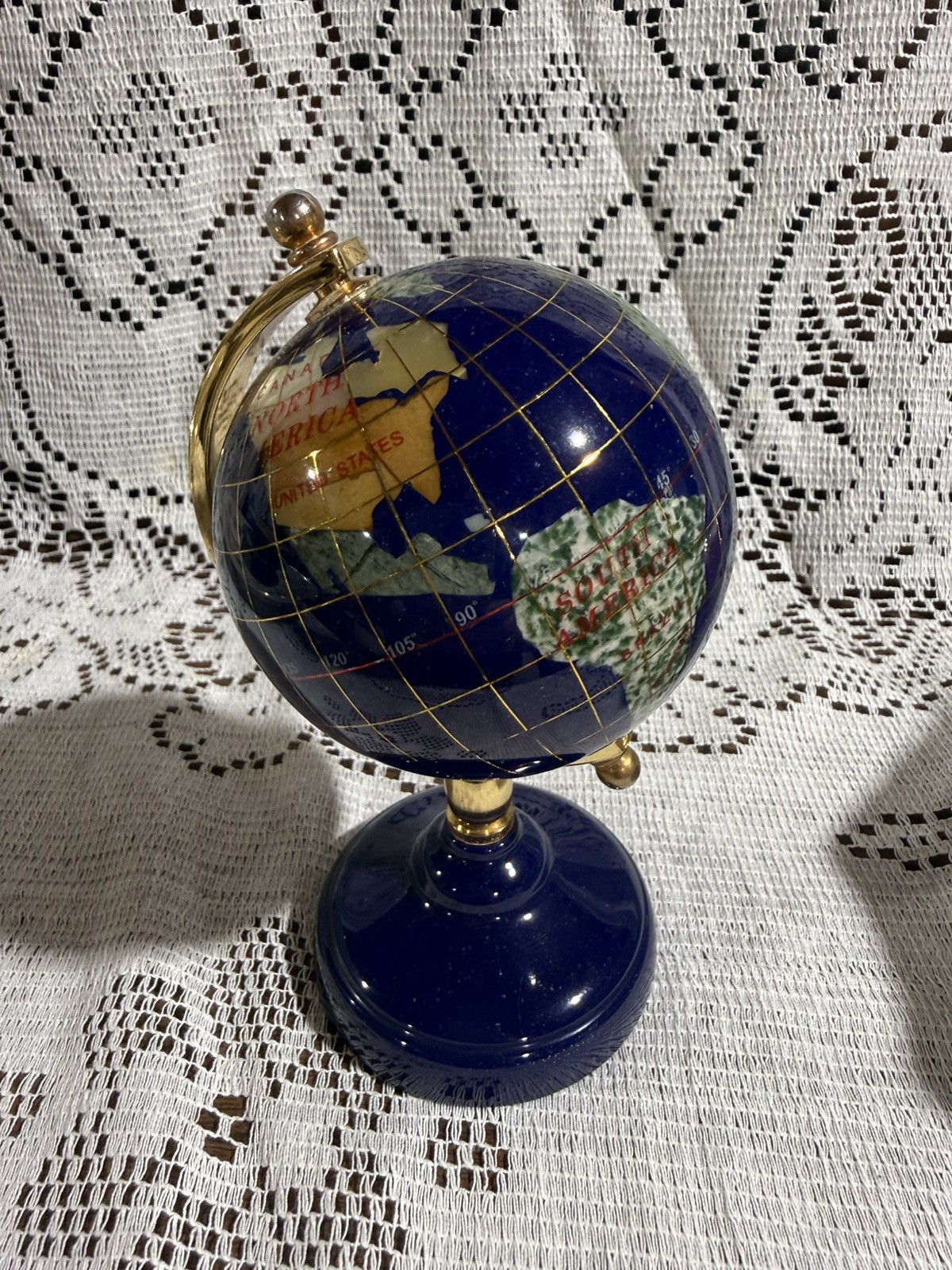 Marble World Globe Lapis Shell & Semi-Precious Stone Gold Inlays Desktop Stand