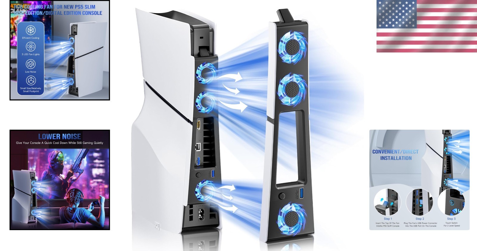 Whisper-Quiet PS5 Slim Cooling System with Enhanced Airflow & LED Indicator