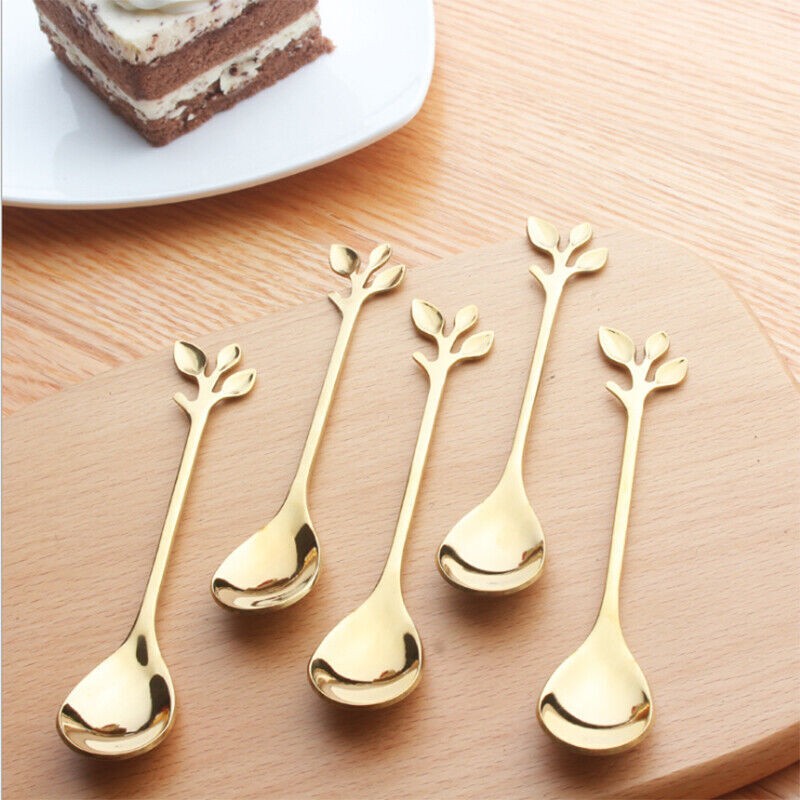 5pcs Stainless Steel Spoon Branches Leaf Spoon Kitchen Tableware Cooking Gift a