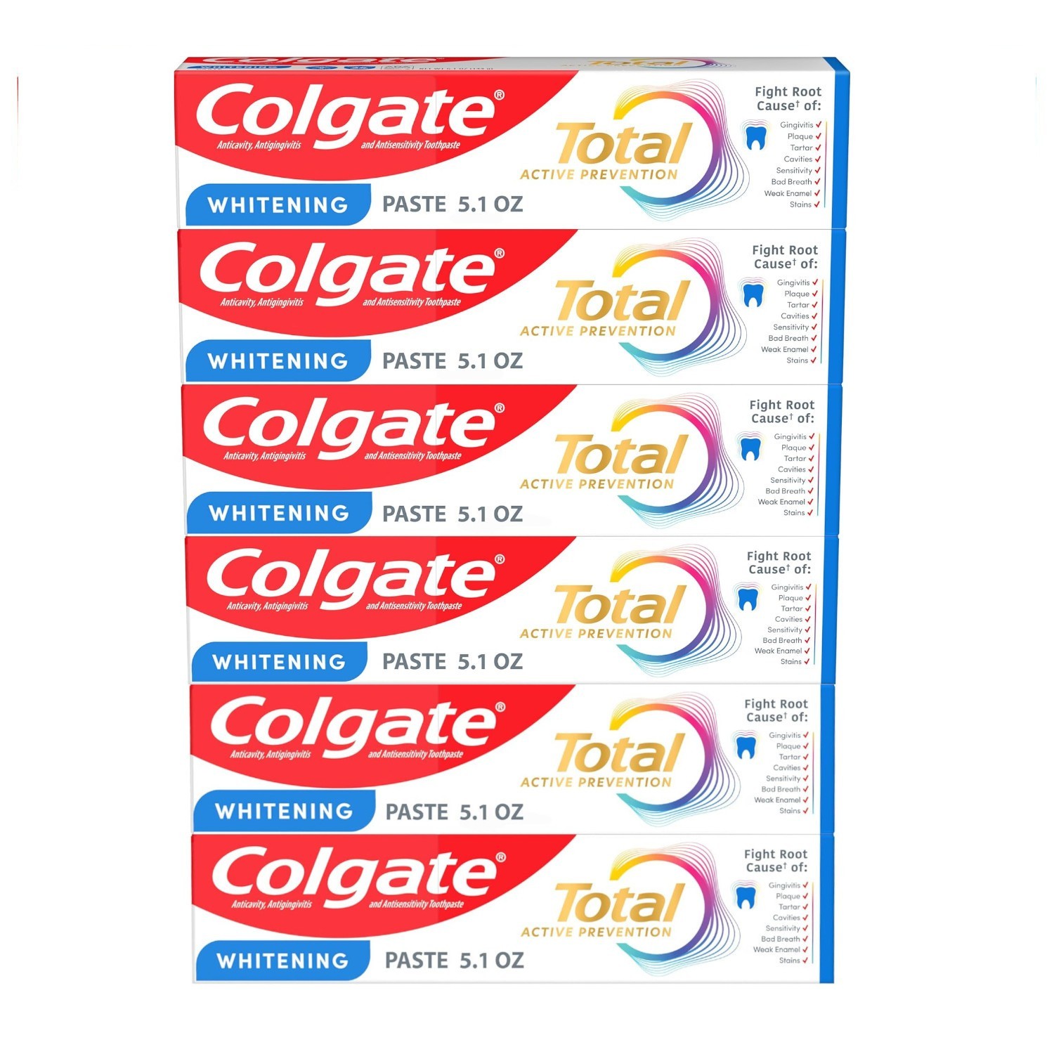 6-PACK / Colgate WHITENING Total Active Prevention Toothpaste - 5.1 oz Per