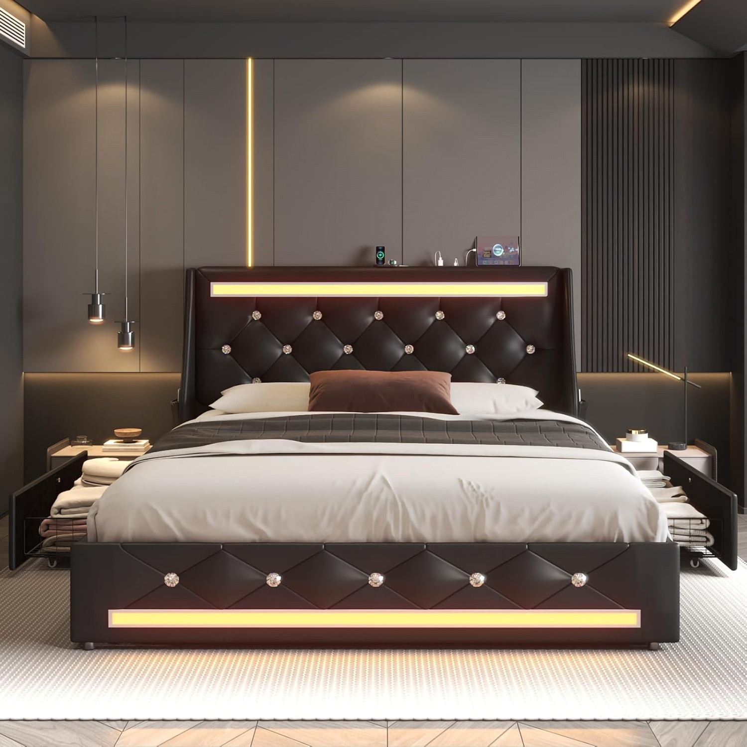 Queen Faux Leather LED Platform Bed w/ 2 Drawer & Diamond Headboard & USB Ports