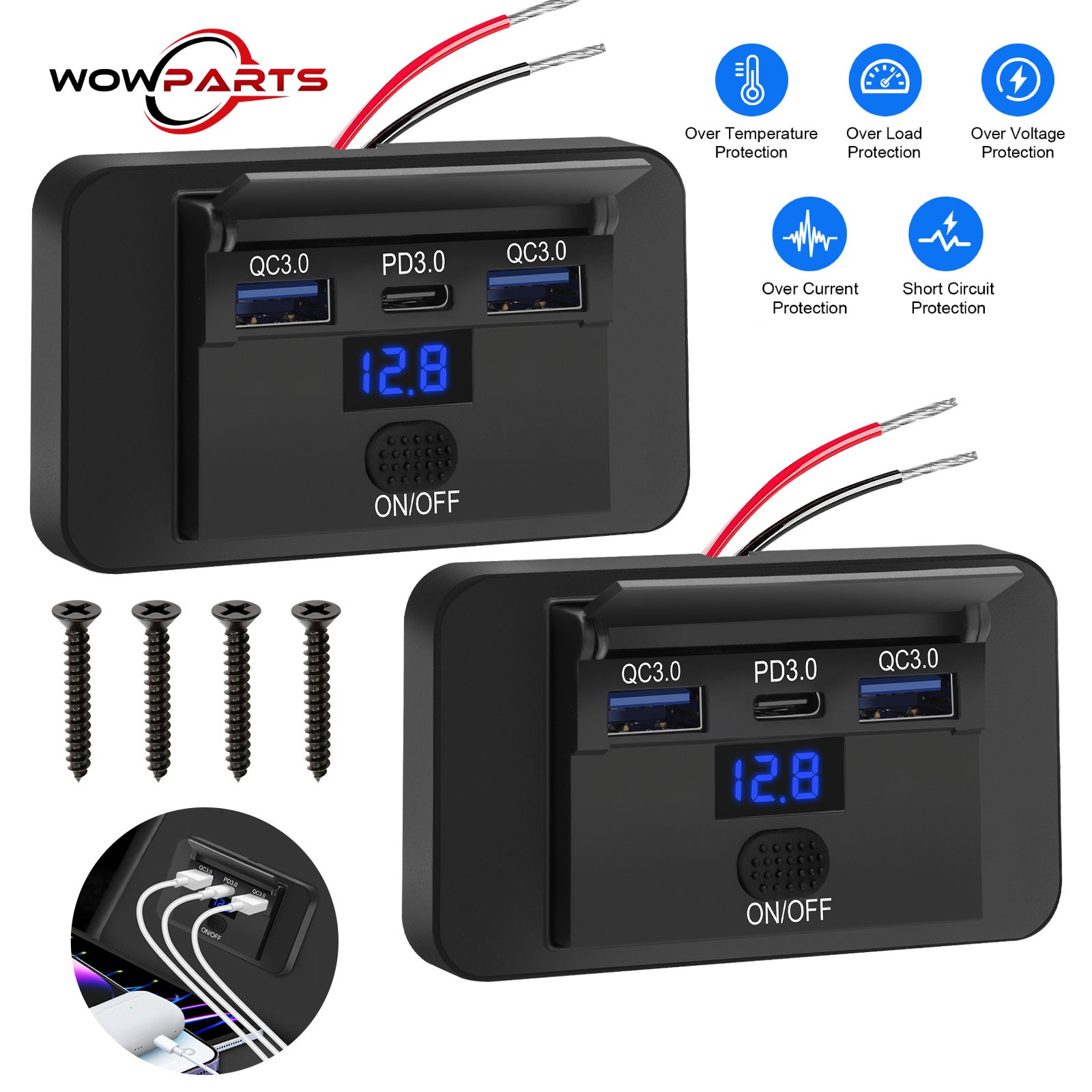 12V/24V USB Outlet USB A & C Ports Car Charger Socket Panel w/ Switch Voltmeter