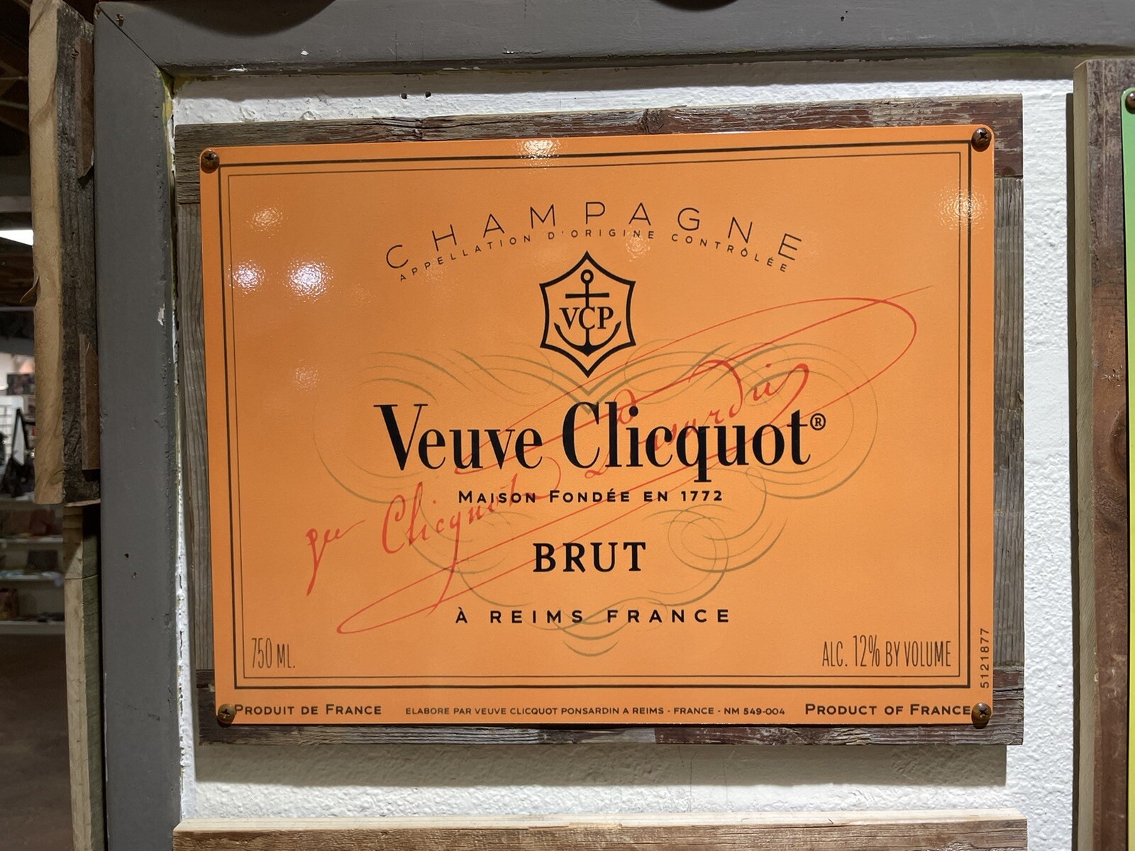 Veuve Clicquot Brut Champagne French France Wood Framed Steel Sign Party Decor