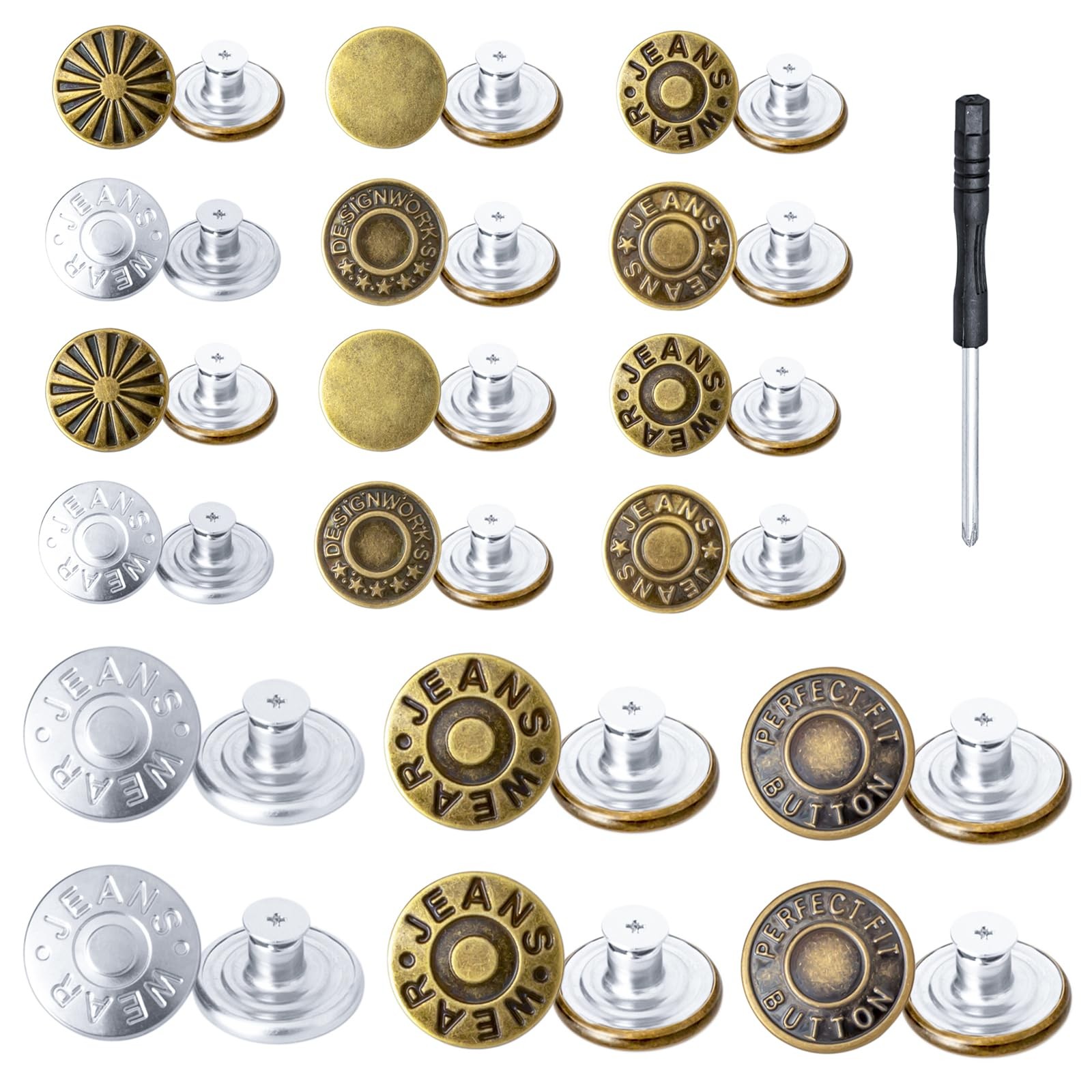 48PCS Jean Buttons for Loose Jeans – 17mm,20mm, 38Pcs Copper, 10Pcs Silver