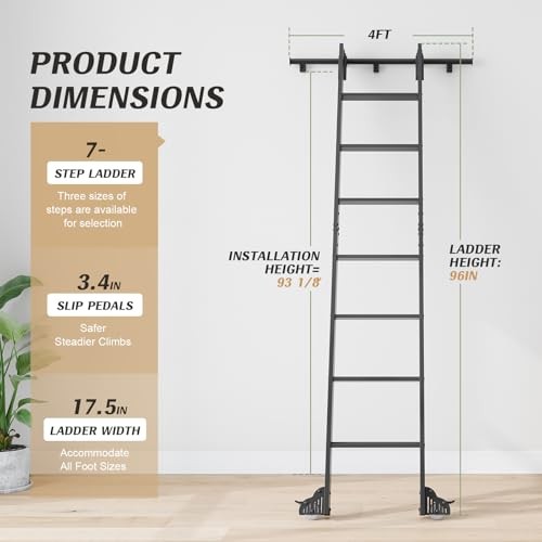 8ft Rolling Library Aluminium Step Ladder 96" with 96" Ladder + 4FT Hook Kit