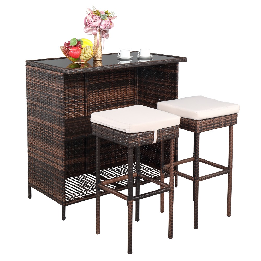 Brown Gradient Bar Table & Stool Set, 3-Piece Home Bar Furniture