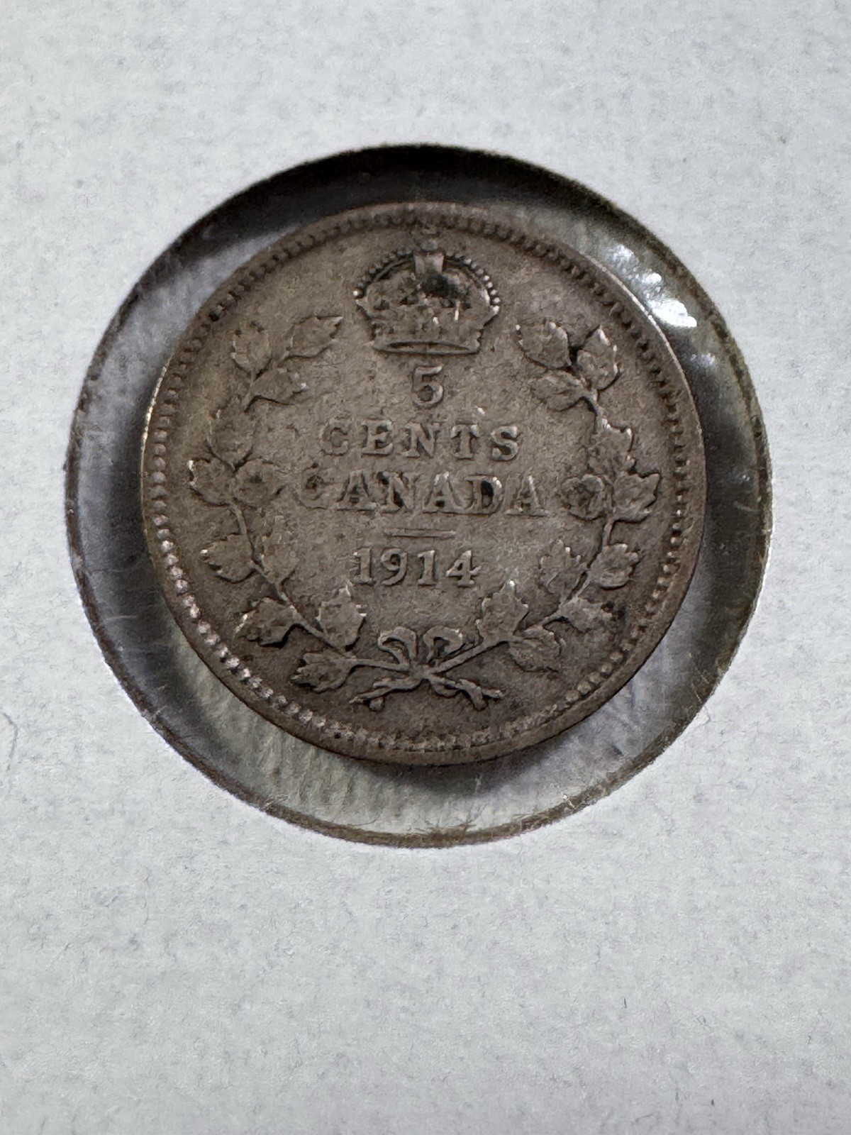 1914 Canada 5 Cents Silver Coin Cleaned