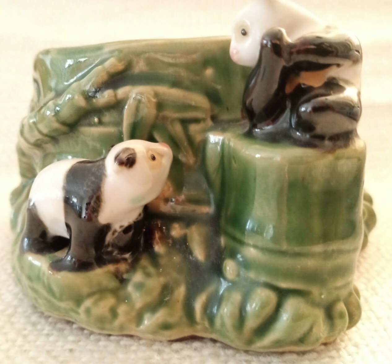 Vintage Panda Bear 🐼 Planter, 2 Pandas, Green Bamboo