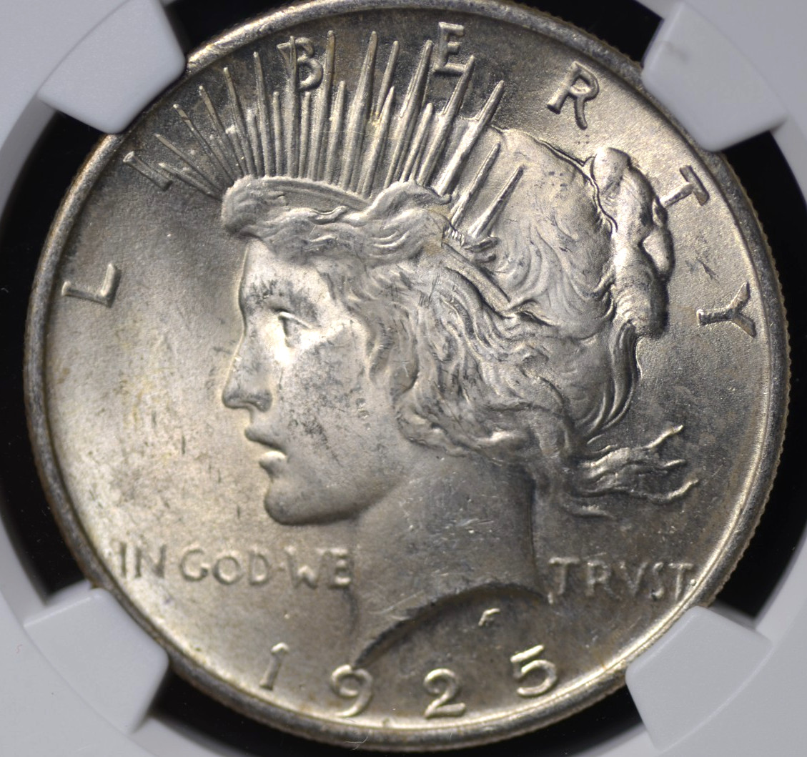 1925 PEACE DOLLAR NGC MS 63 NICE SATINY WHITE LUSTER WITH A BIT OF CHABLIS,