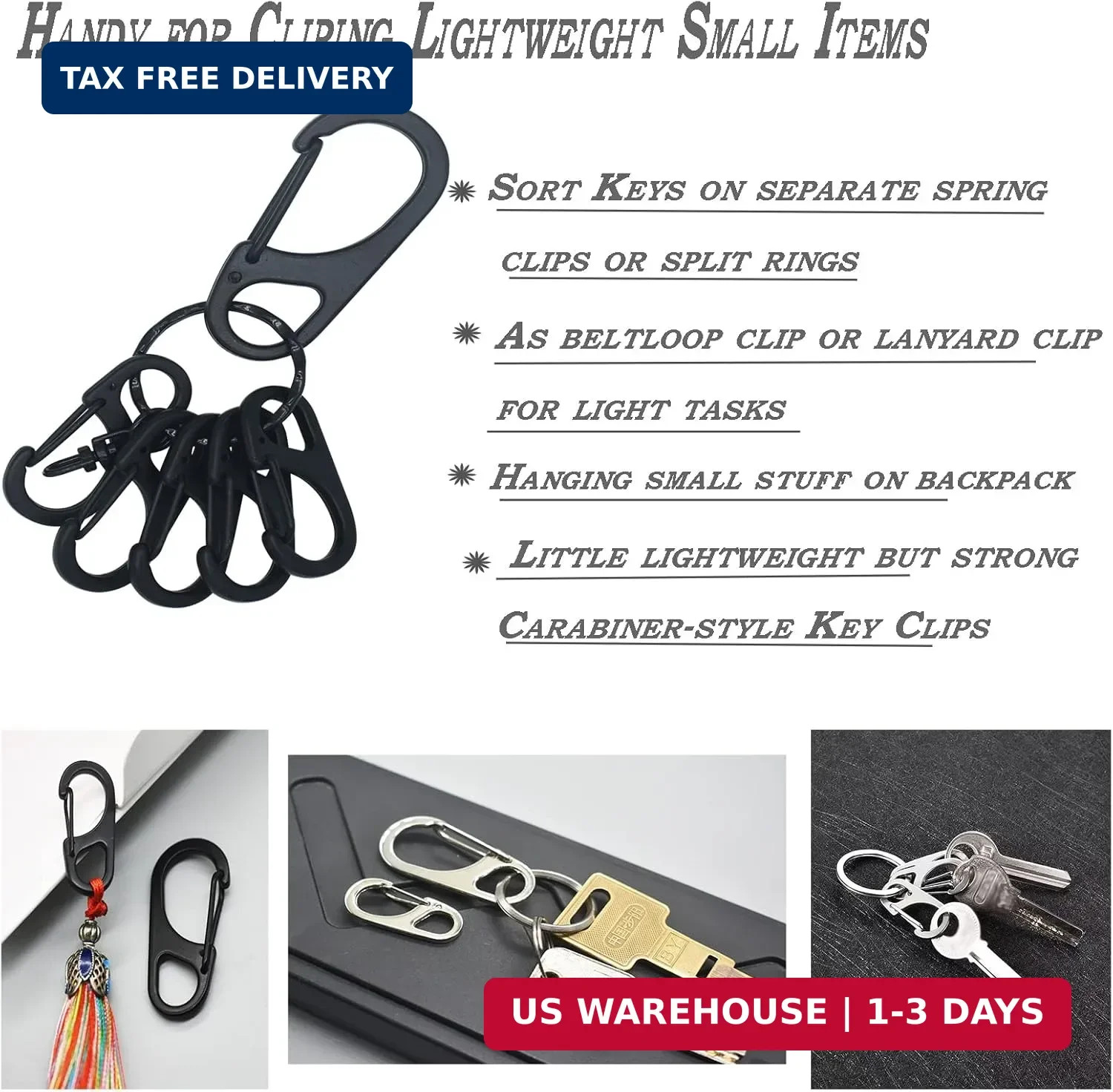 Small Carabiner Clips 1.25 inch/1.85 inch Snap Hooks with Fixed Eye Spring Gate